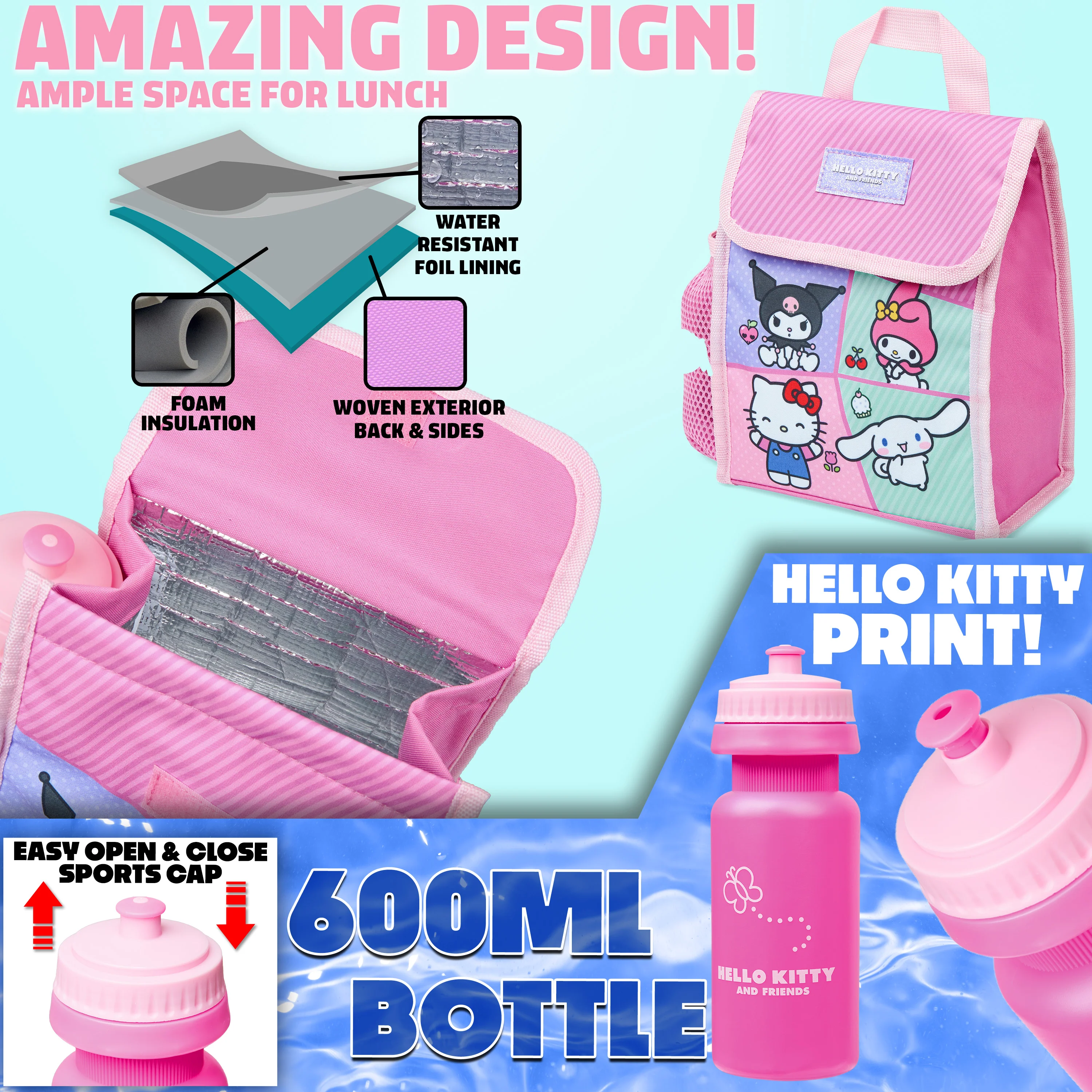 Hello Kitty Sanrio Backpack Set 4 Pcs Girls Water Bottle Pencil Case Insulated Lunch Bag - Image 4
