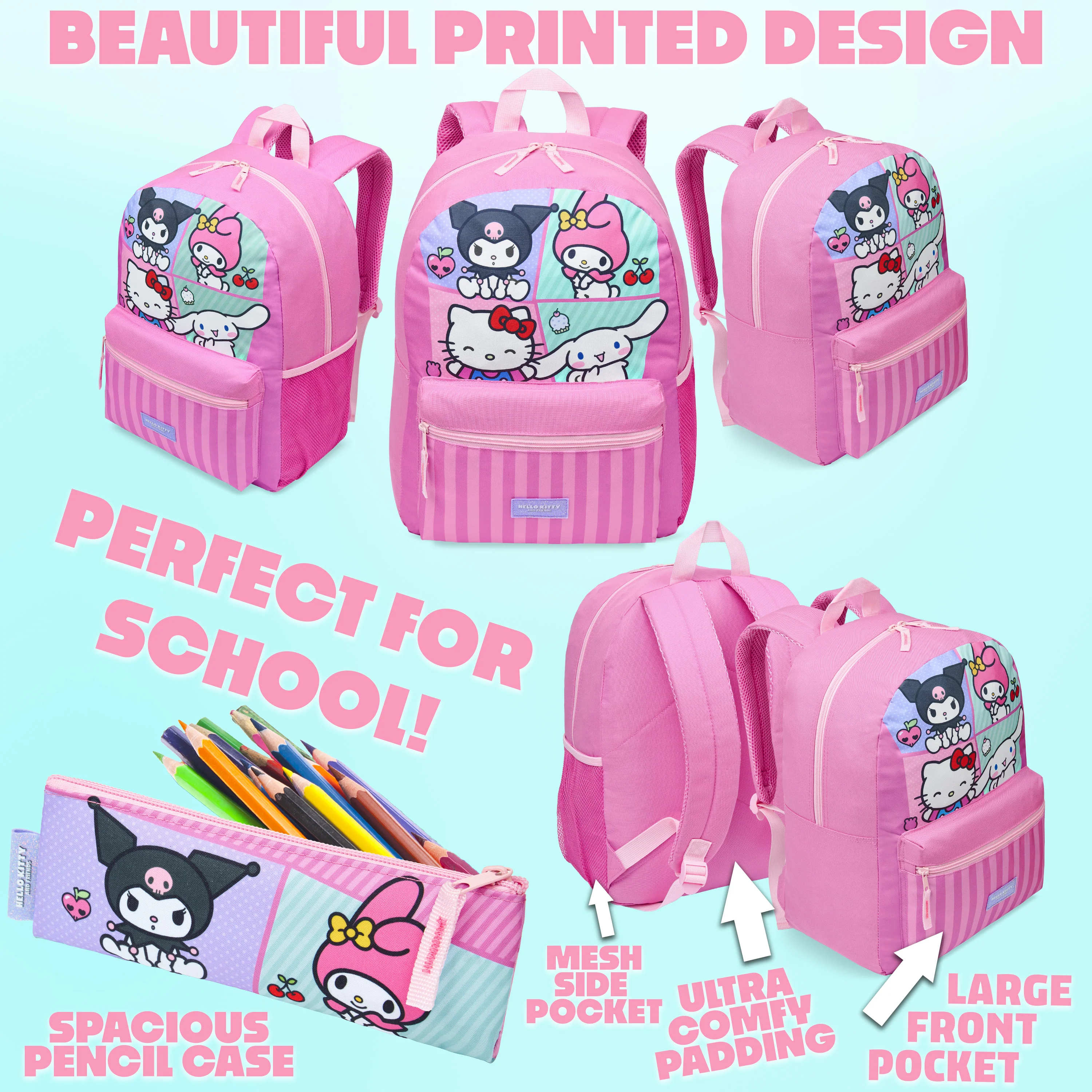 Hello Kitty Sanrio Backpack Set 4 Pcs Girls Water Bottle Pencil Case Insulated Lunch Bag - Image 5