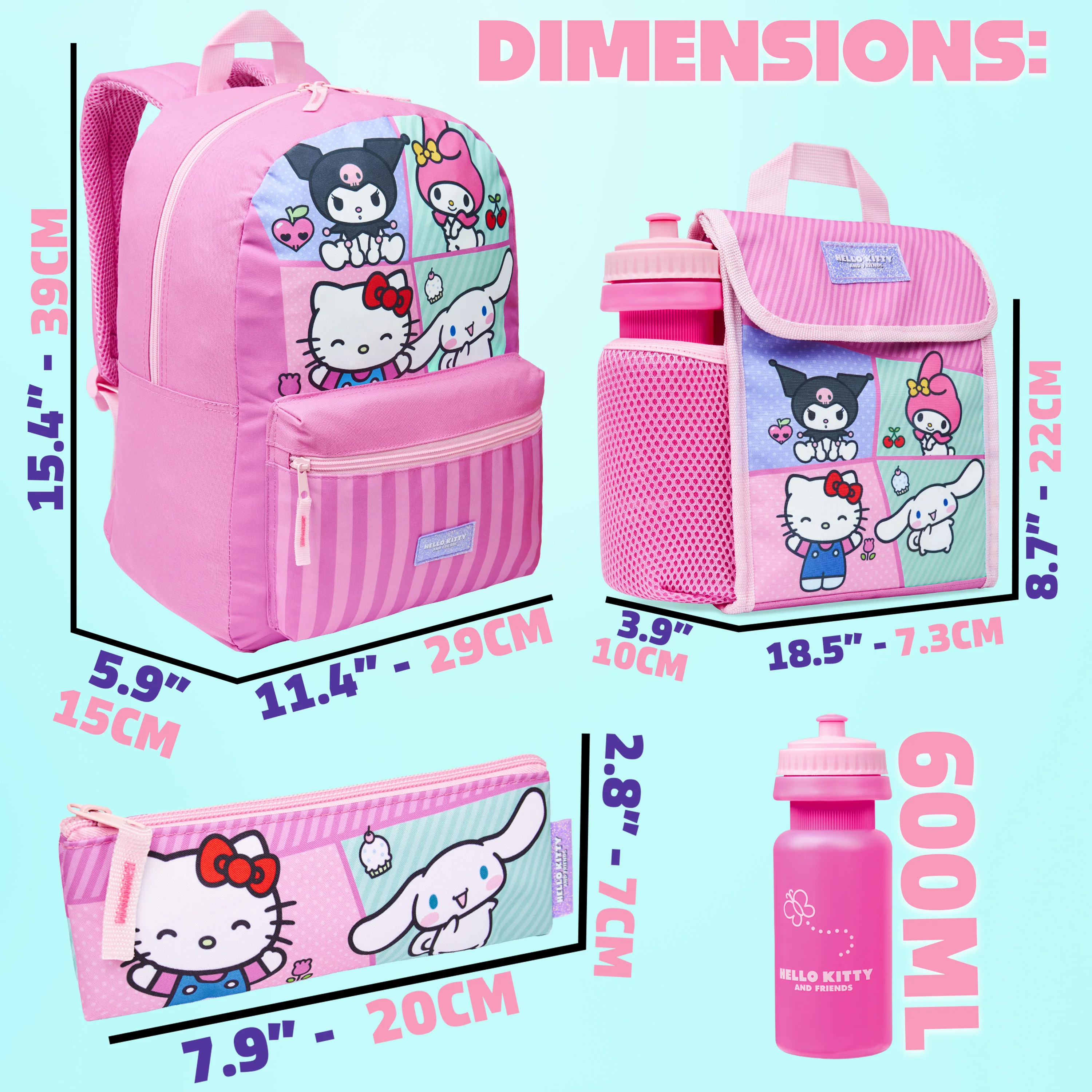 Hello Kitty Sanrio Backpack Set 4 Pcs Girls Water Bottle Pencil Case Insulated Lunch Bag - Image 6