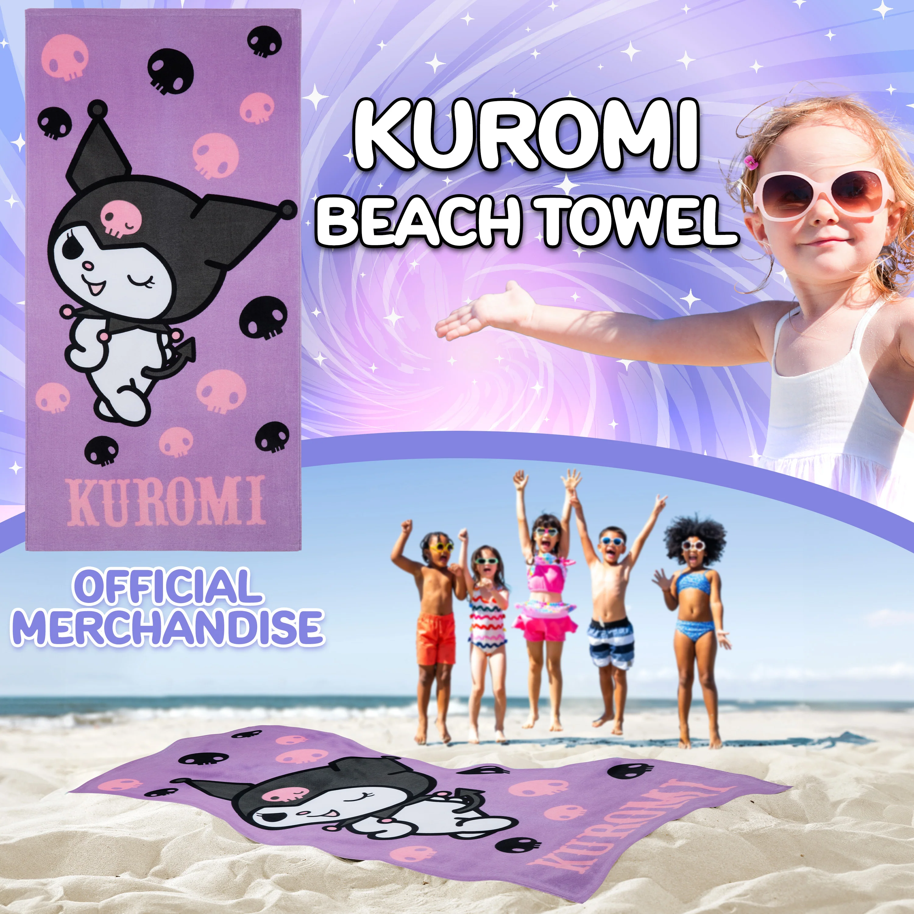 Hello Kitty Sanrio Towel for Kids Teens Women Soft Absorbent Bath Shower Swimming Beach Towel Quick Dry Kuromi Kawaii Anime Holiday Essentials 140 x 70cm (Purple, 70x140cm) - Image 2