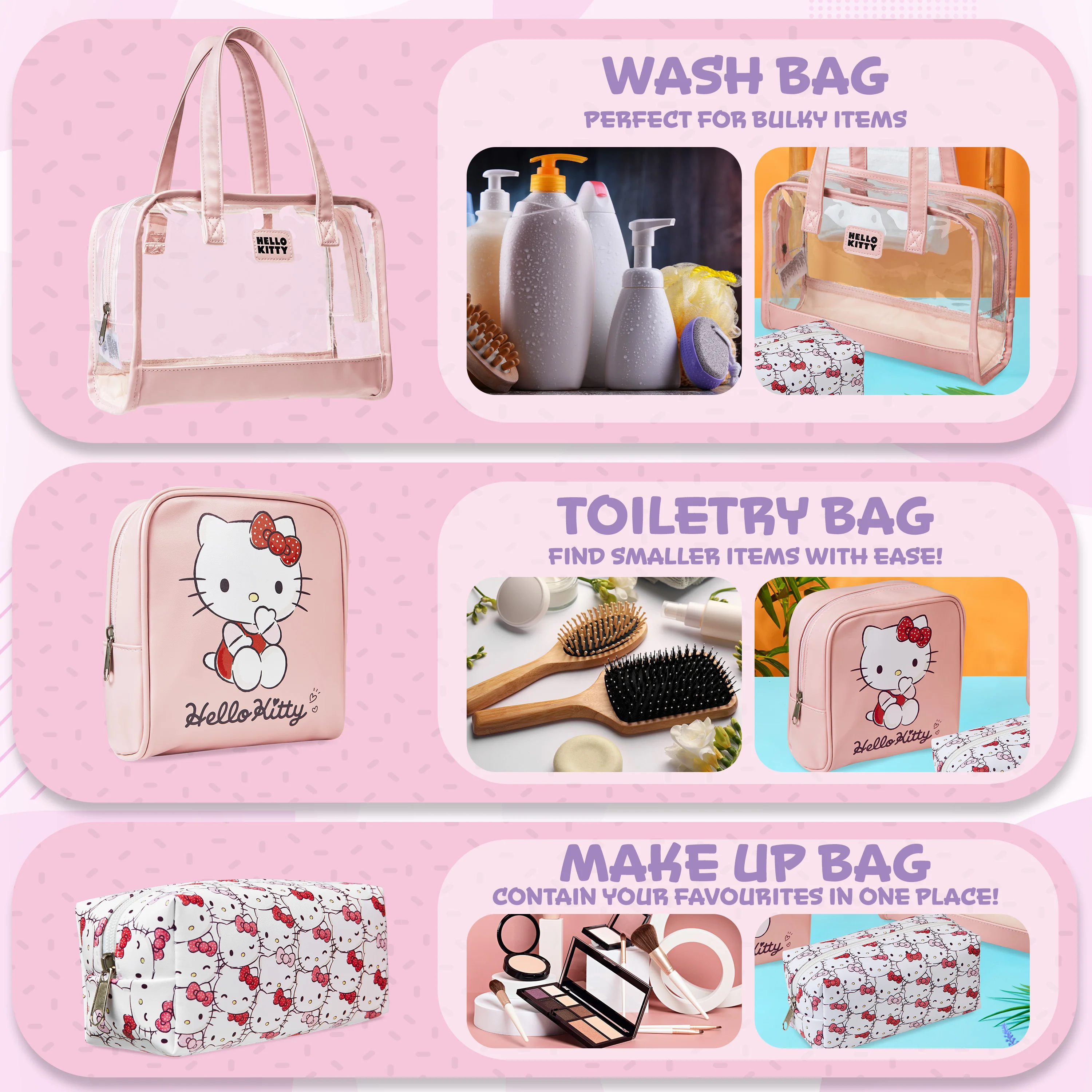 Hello Kitty Toiletry Bags Set of 3 Zipped Wash Bags Cosmetic Bag - Gifts for Her - Image 4