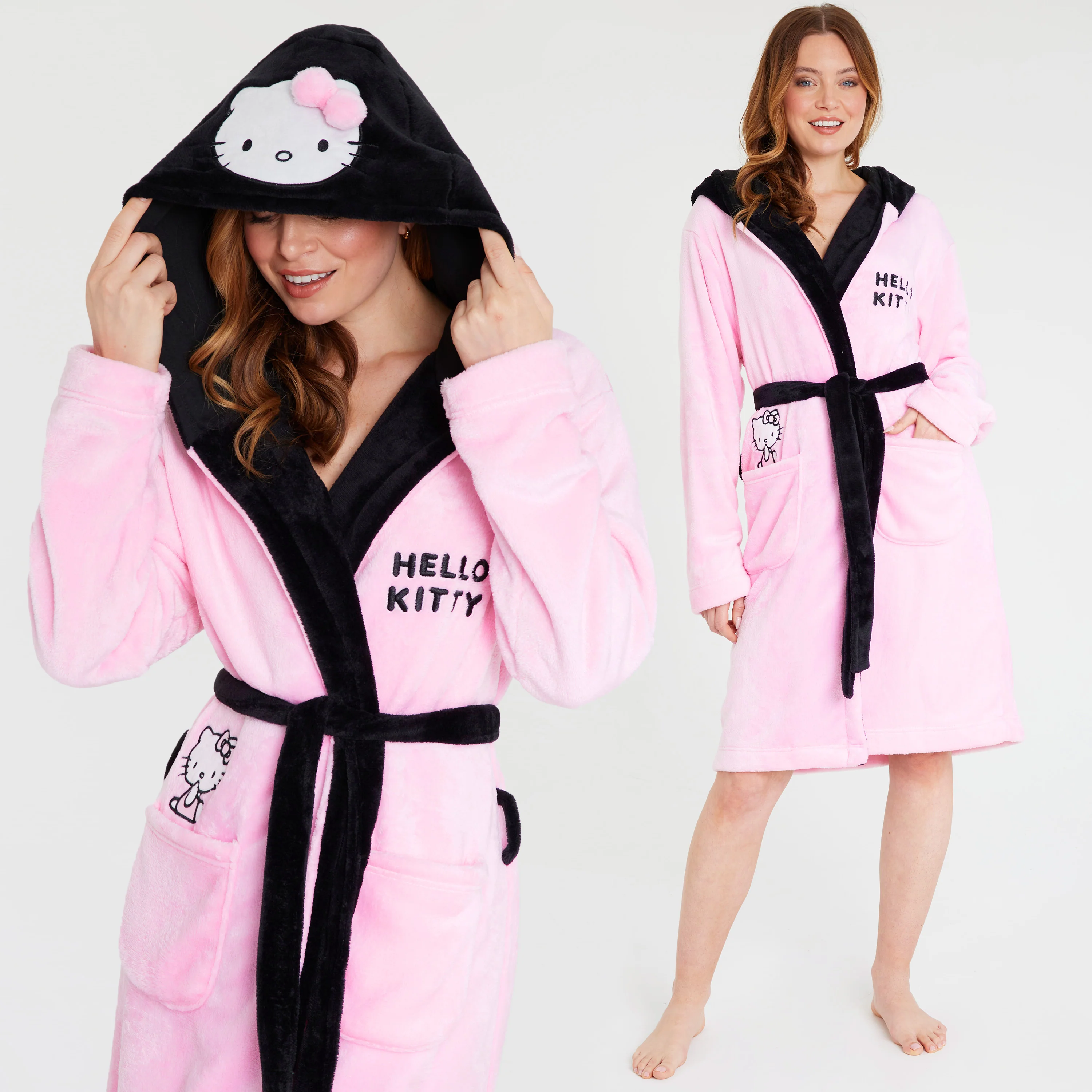 Hello Kitty Womens Fleece Dressing Gown with Hood Pockets Tie Waist, Cosy Robe - Gifts for Her - Image 2