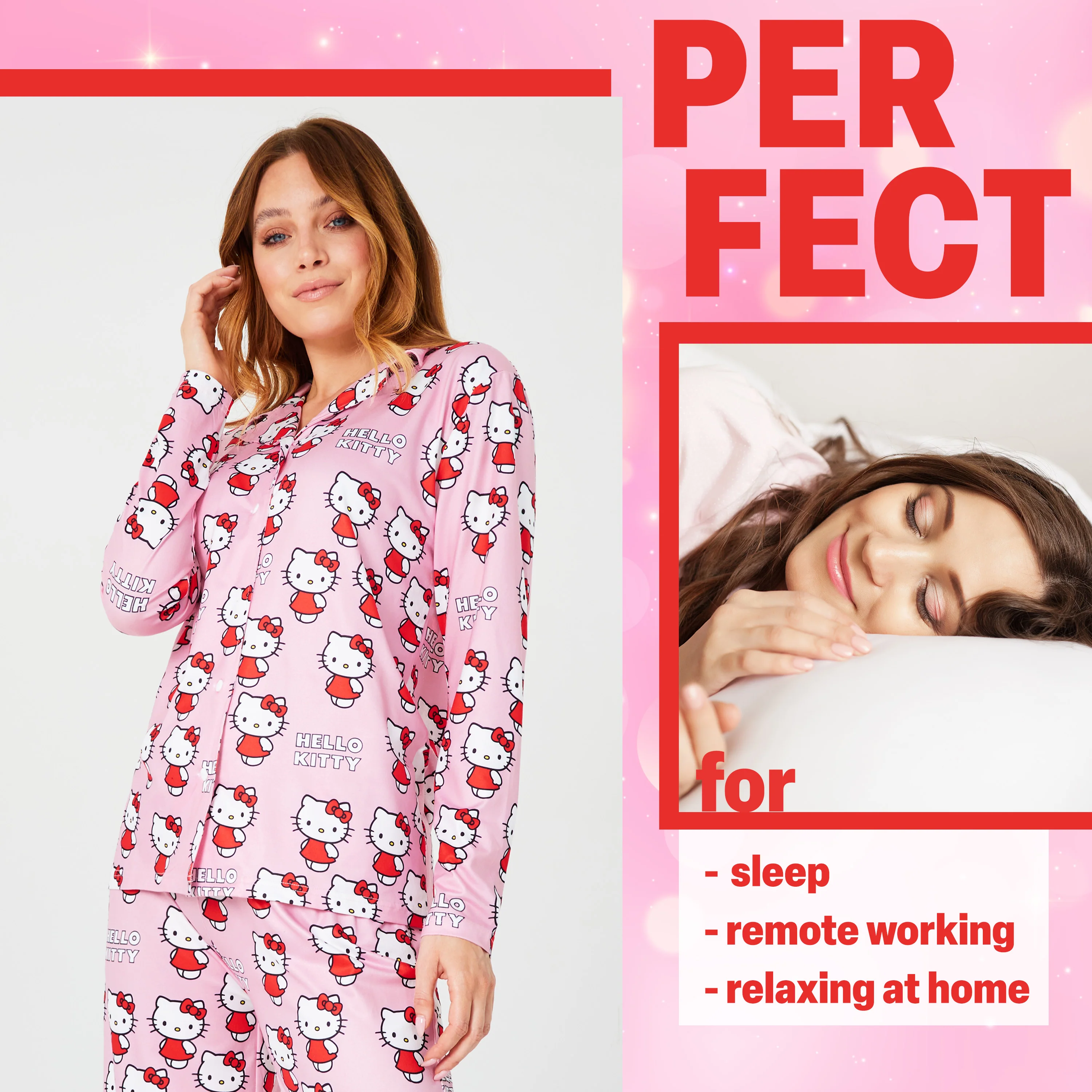 Hello Kitty Womens Long Pyjama Set, Classic Button Down Nightwear, Loungewear for Her - Image 3