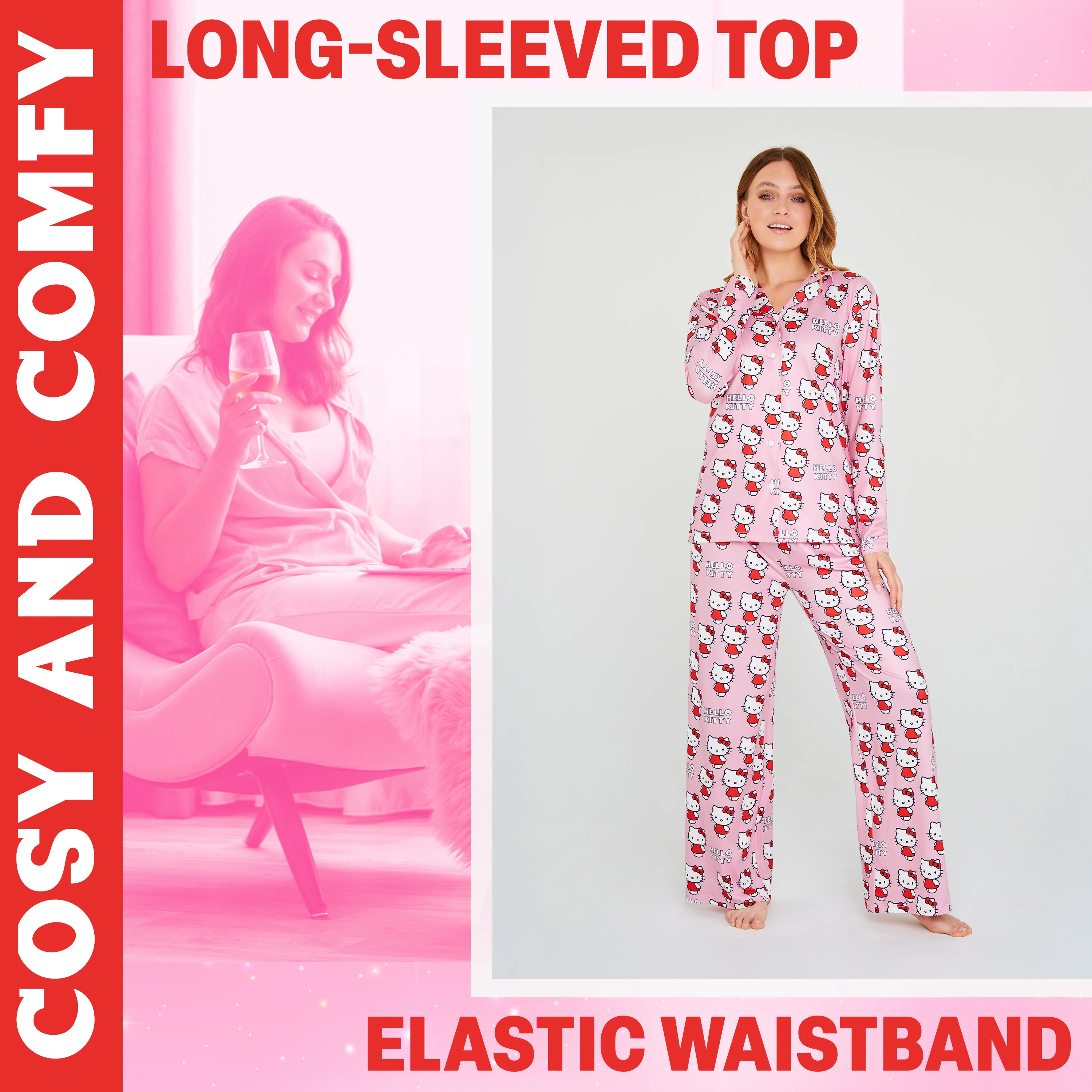 Hello Kitty Womens Long Pyjama Set, Classic Button Down Nightwear, Loungewear for Her - Image 4