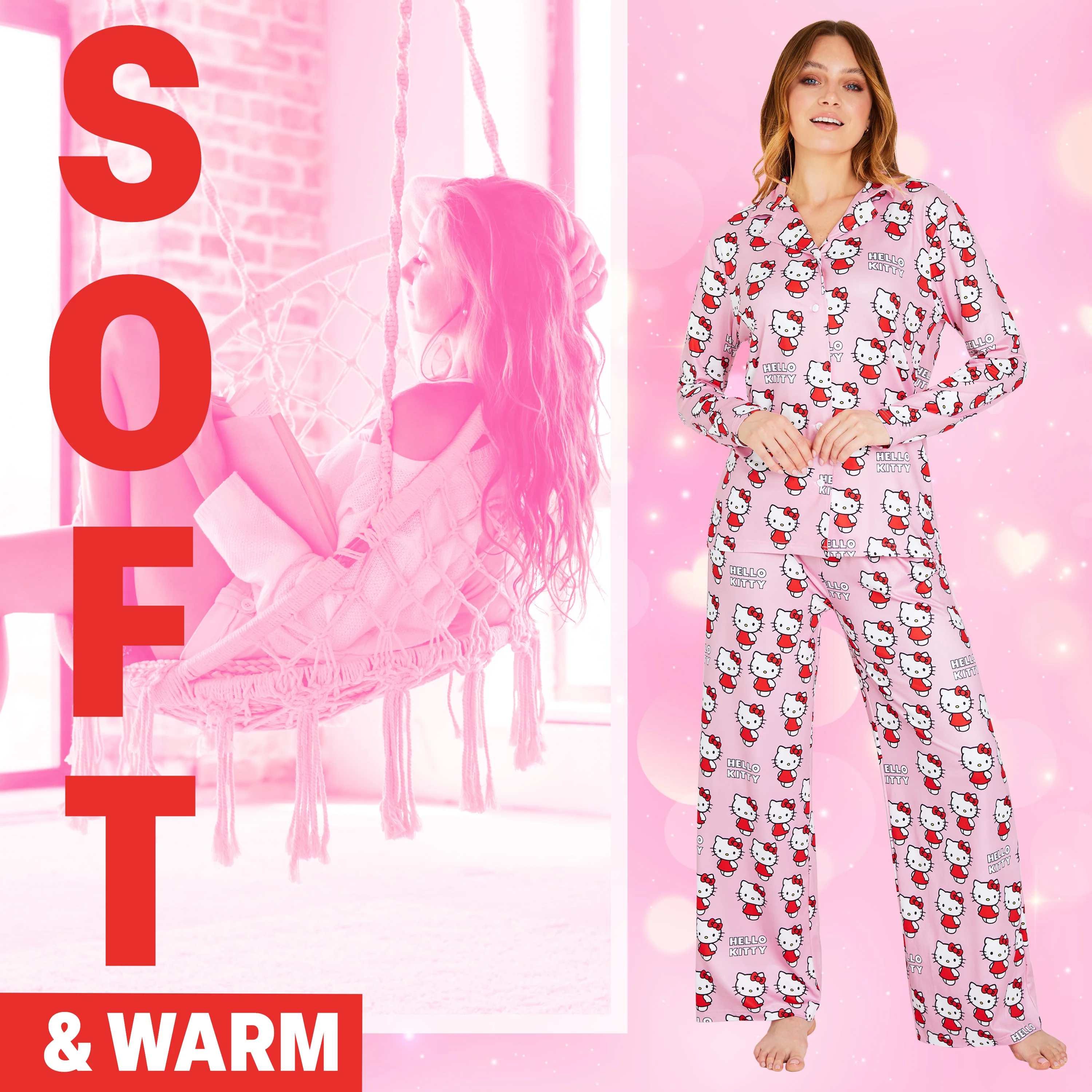 Hello Kitty Womens Long Pyjama Set, Classic Button Down Nightwear, Loungewear for Her - Image 5