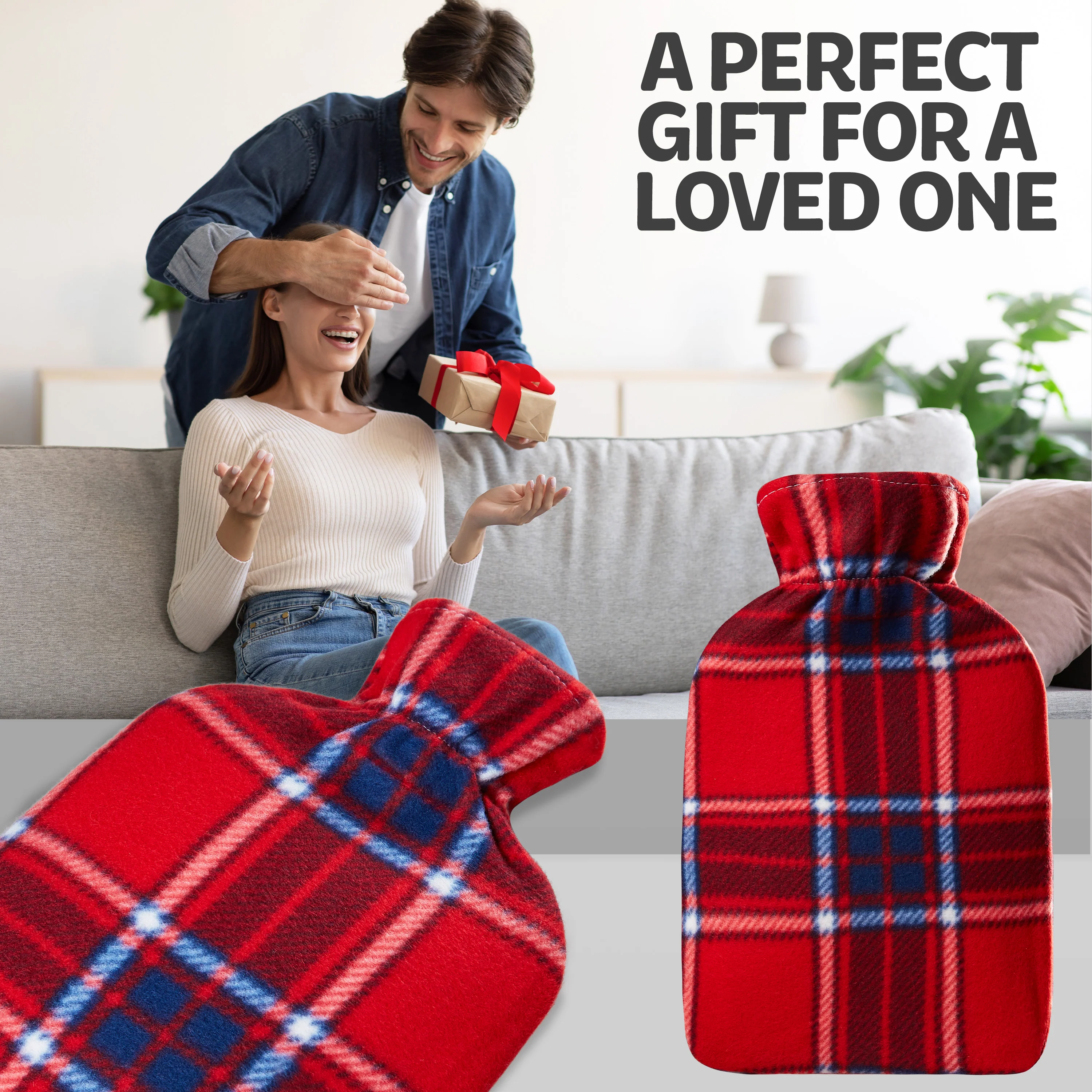 Hot Water Bottle 2 Litre with Fleece Cover, Red Check - Image 3
