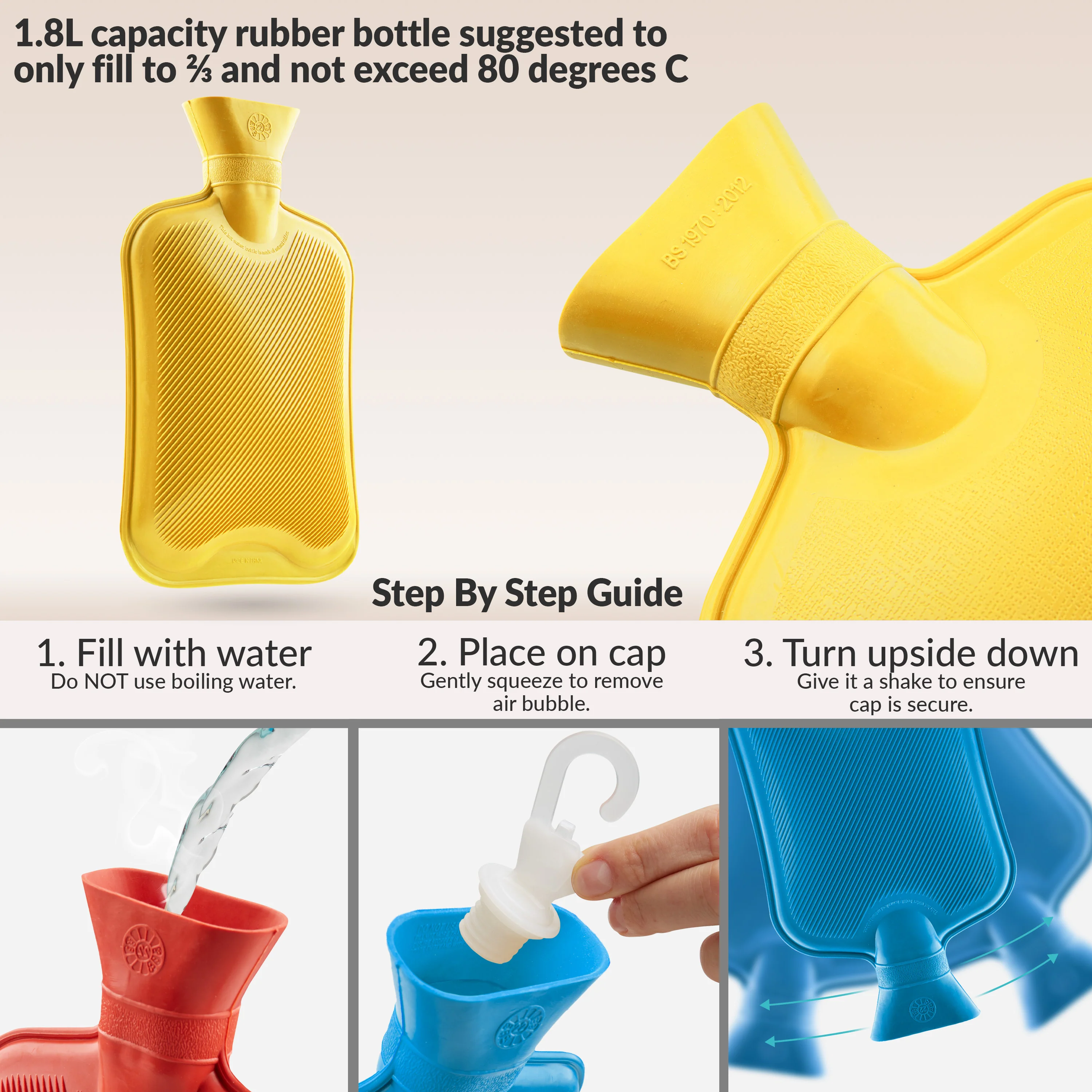 Hot Water Bottle Large 1.8L Rubber Hot Water Bag - Blue/Red/Yellow, 3 Pack - Image 6