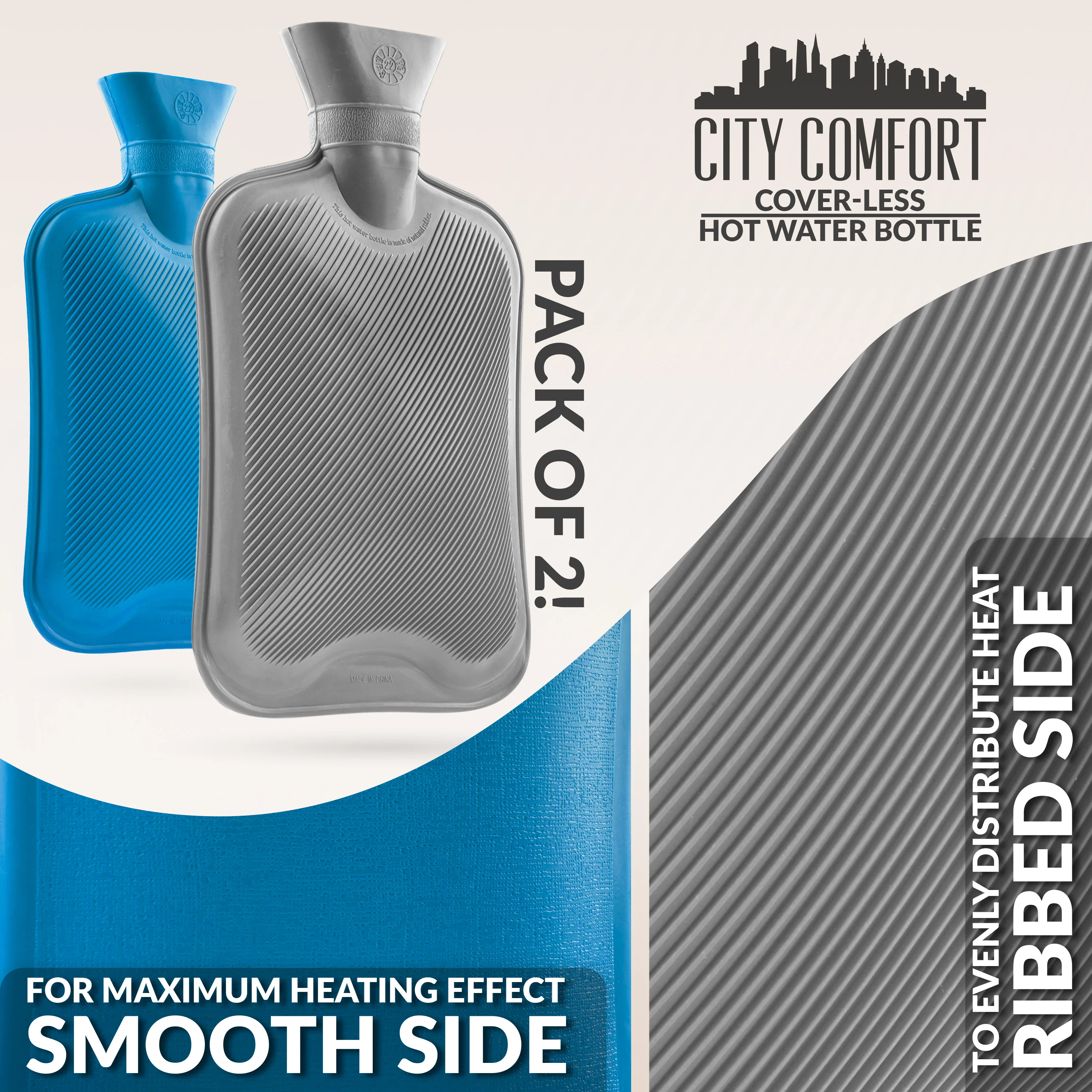 Hot Water Bottle Large 1.8L Rubber Hot Water Bag - Grey/Blue, 2 Pack - Image 4