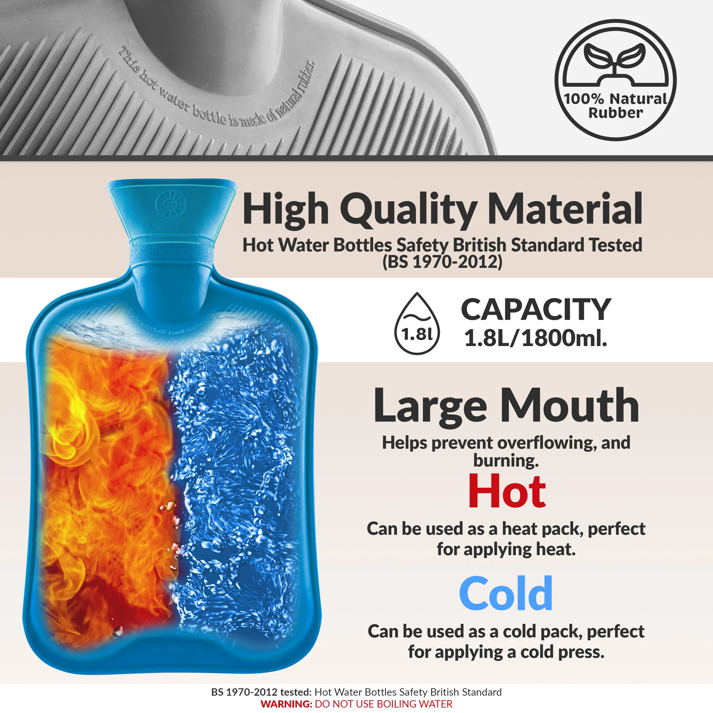 Hot Water Bottle Large 1.8L Rubber Hot Water Bag - Grey/Blue, 2 Pack - Image 5