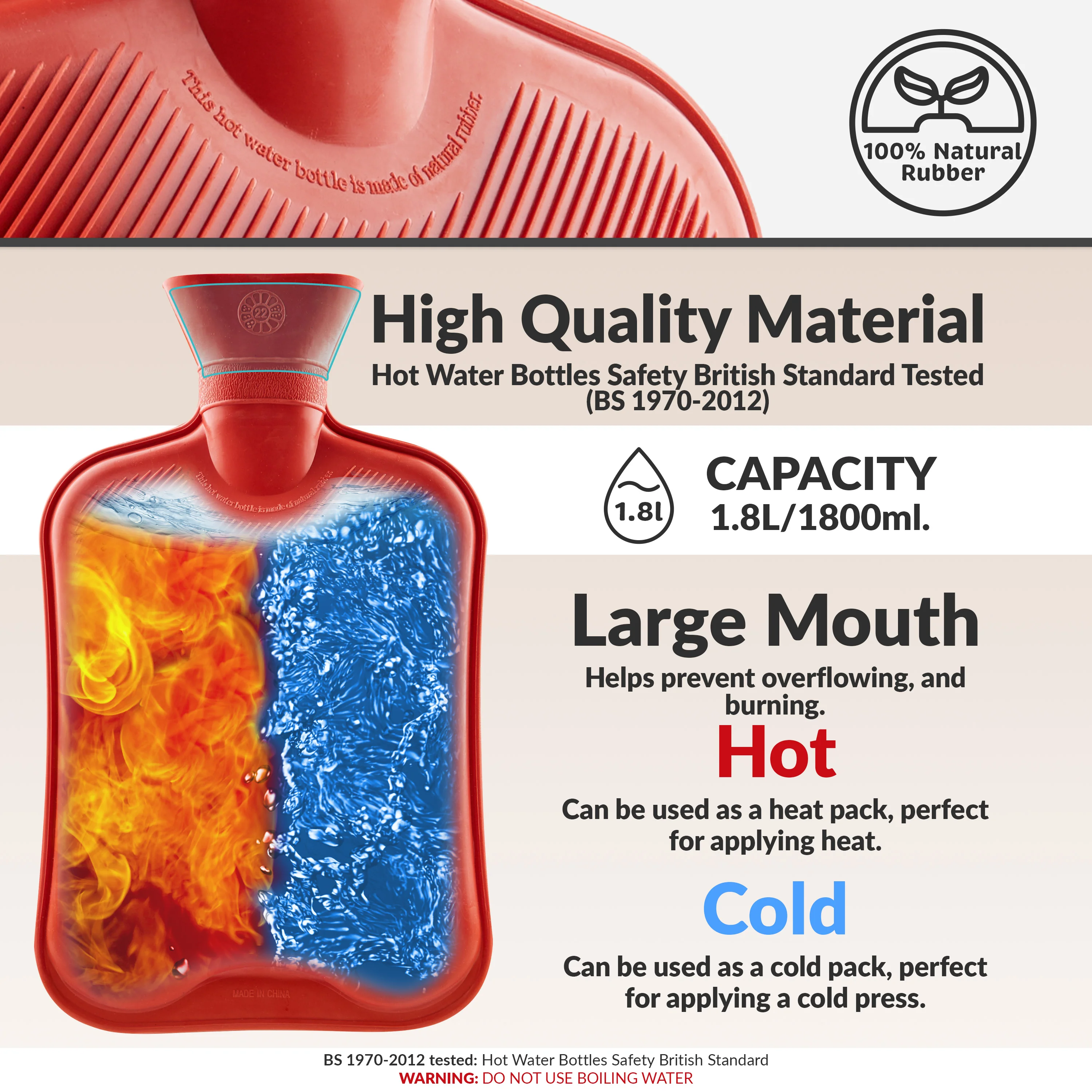 Hot Water Bottle Large 1.8L Rubber Hot Water Bottle - Red - Image 5
