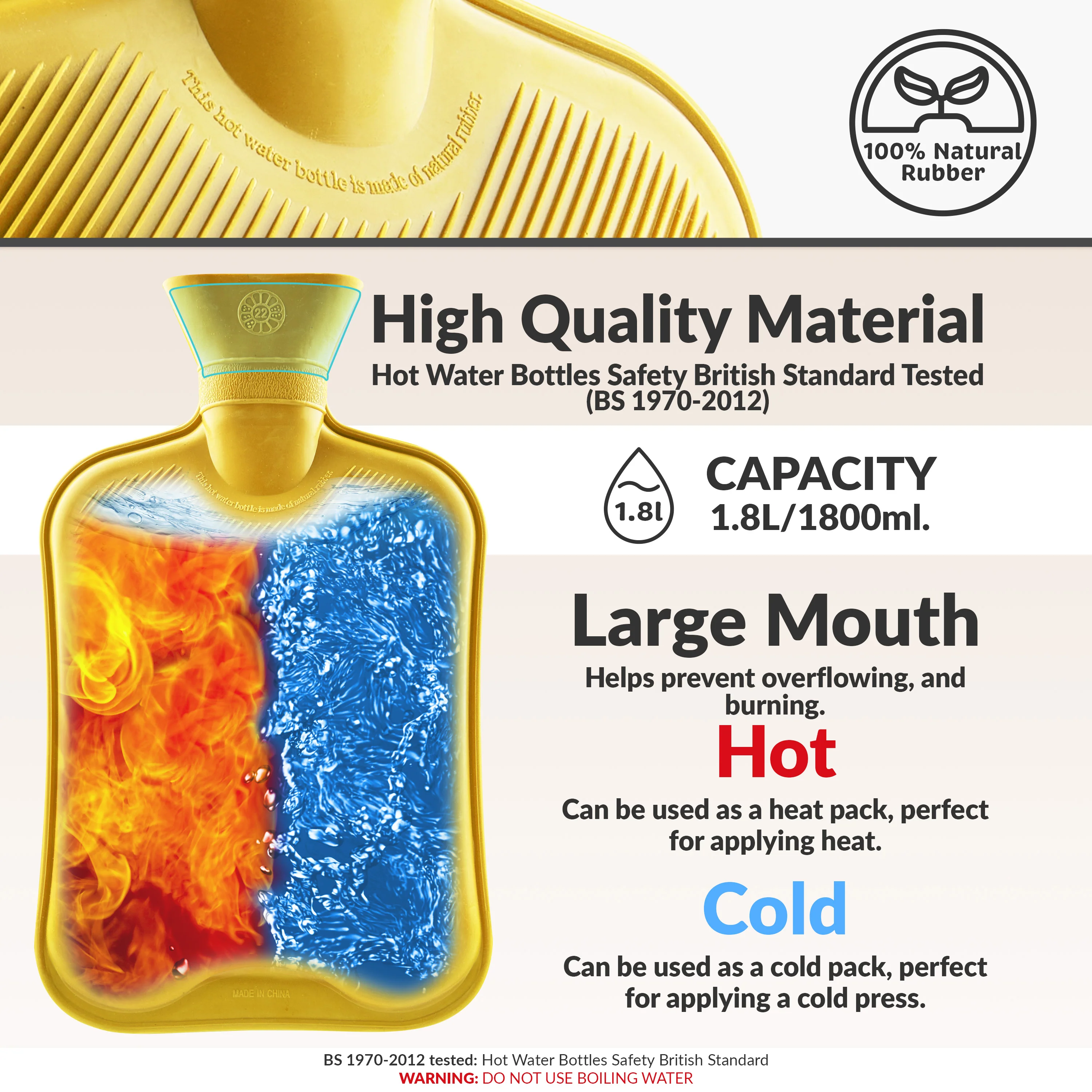 Hot Water Bottle Large 1.8L Rubber Hot Water Bottle - Yellow - Image 5
