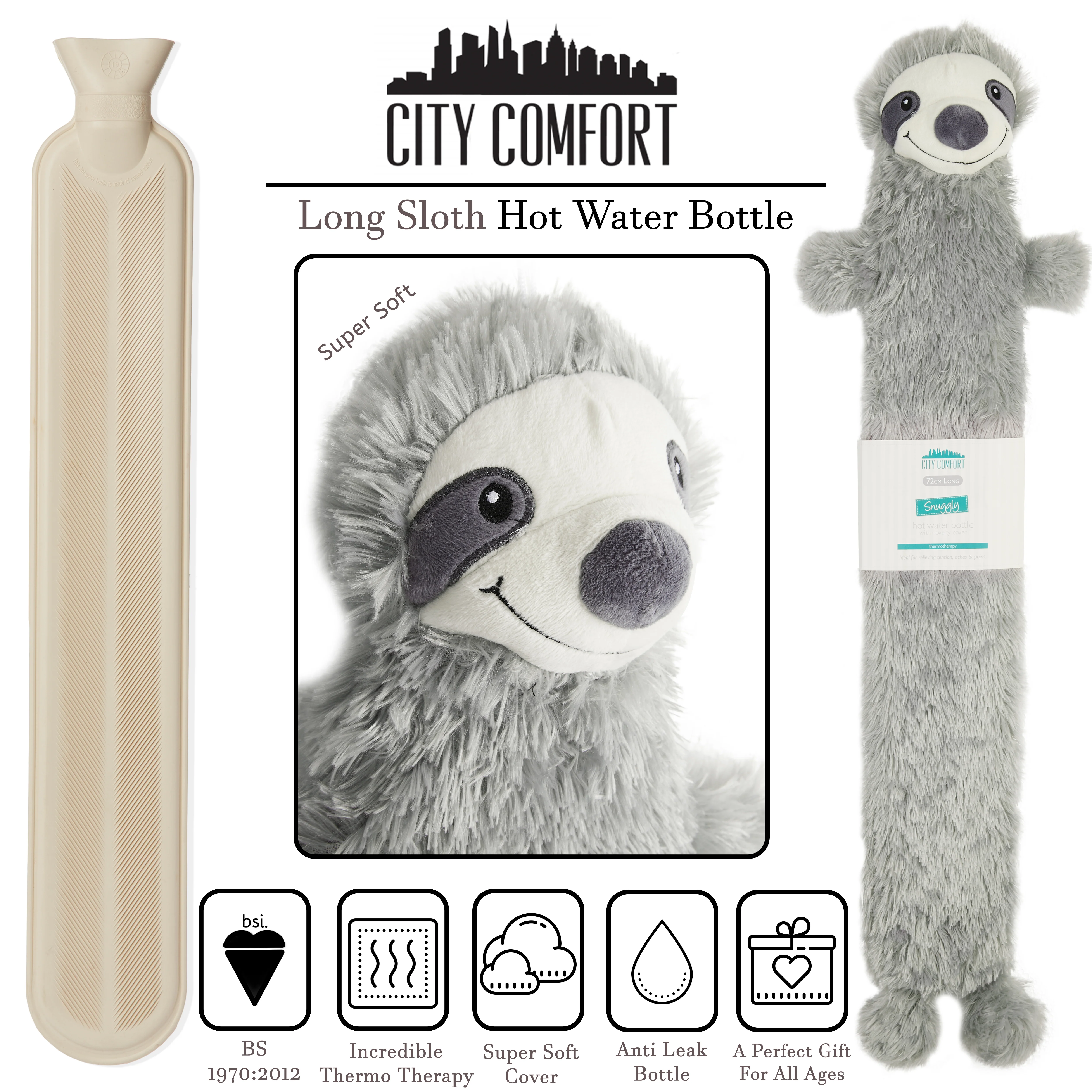 Sloth Hot Water Bottle, Extra Long Hot Water Bottles with Cover, 2 Litre Natural Rubber 72 cm Large Bed Warmer with Fluffy Animal Cover for Back, Tummy or Legs, Cute Sloth Gifts - Image 2