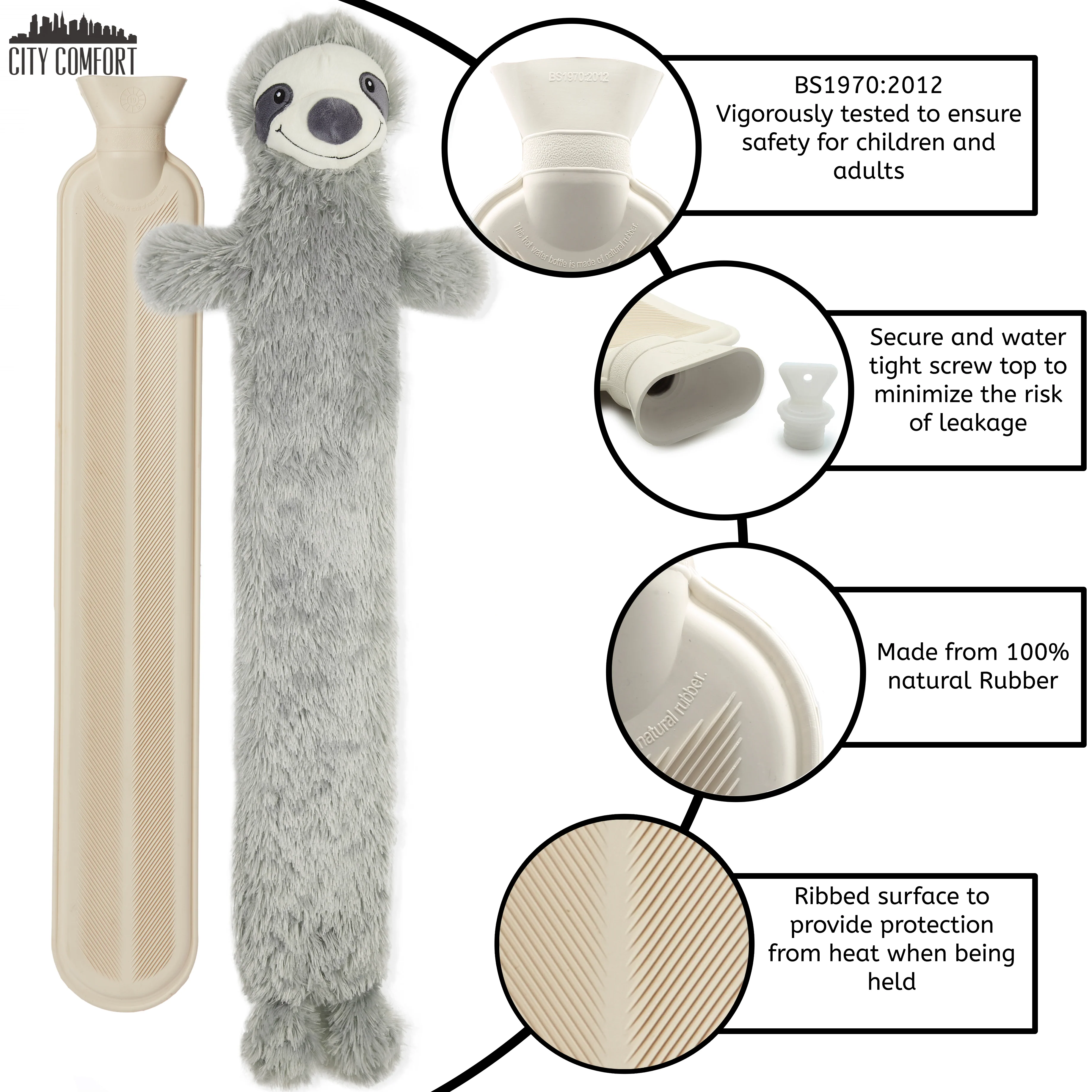 Sloth Hot Water Bottle, Extra Long Hot Water Bottles with Cover, 2 Litre Natural Rubber 72 cm Large Bed Warmer with Fluffy Animal Cover for Back, Tummy or Legs, Cute Sloth Gifts - Image 3