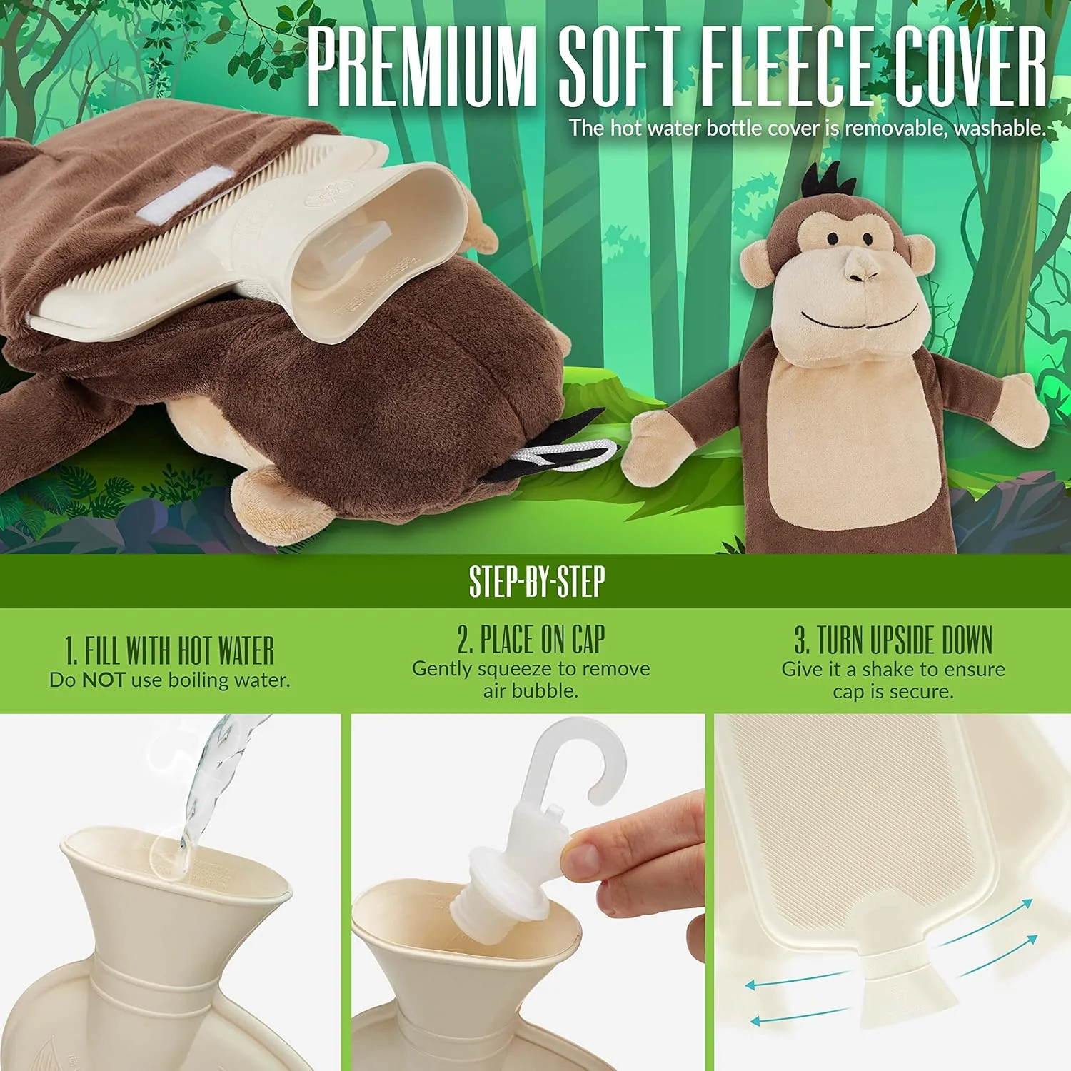 Hot Water Bottle with Monkey Fleece Cover 1 Litre Capacity Natural Rubber Hot Water Bottle - Image 5