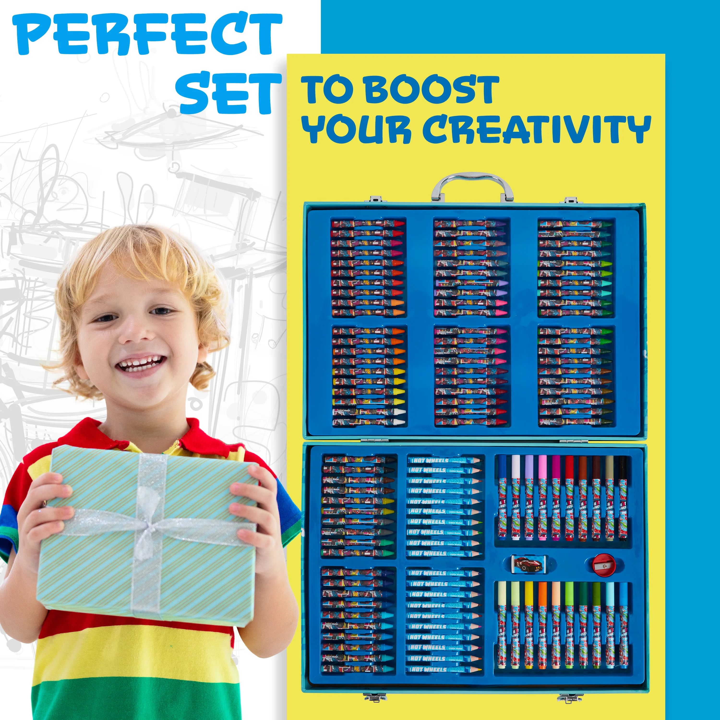 Hot Wheels Art Set for Kids Art Supplies Colouring Pens Colouring Pencils Crayons Stickers Carry Case Arts and Crafts 130+ Pcs - Image 2