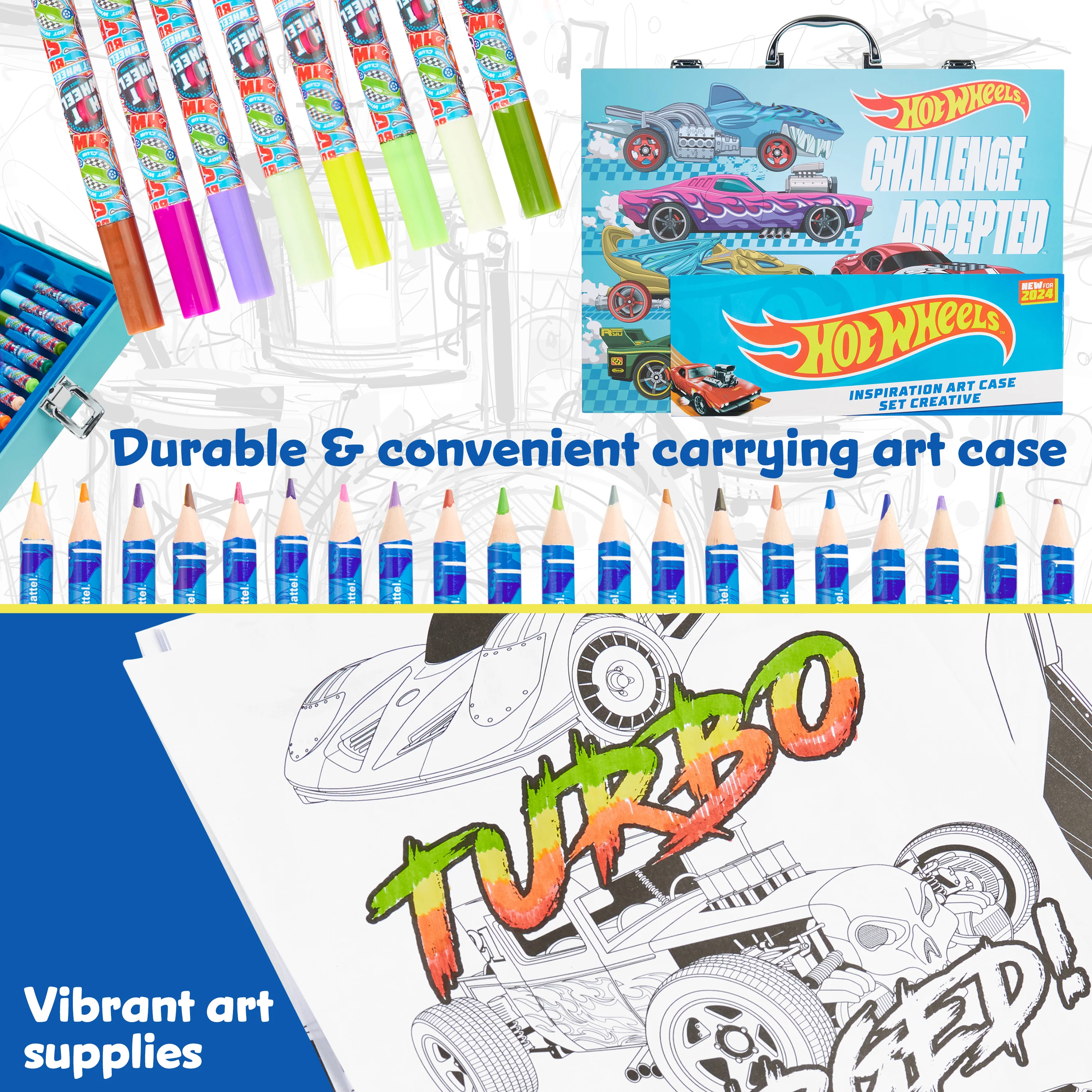 Hot Wheels Art Set for Kids Art Supplies Colouring Pens Colouring Pencils Crayons Stickers Carry Case Arts and Crafts 130+ Pcs - Image 3