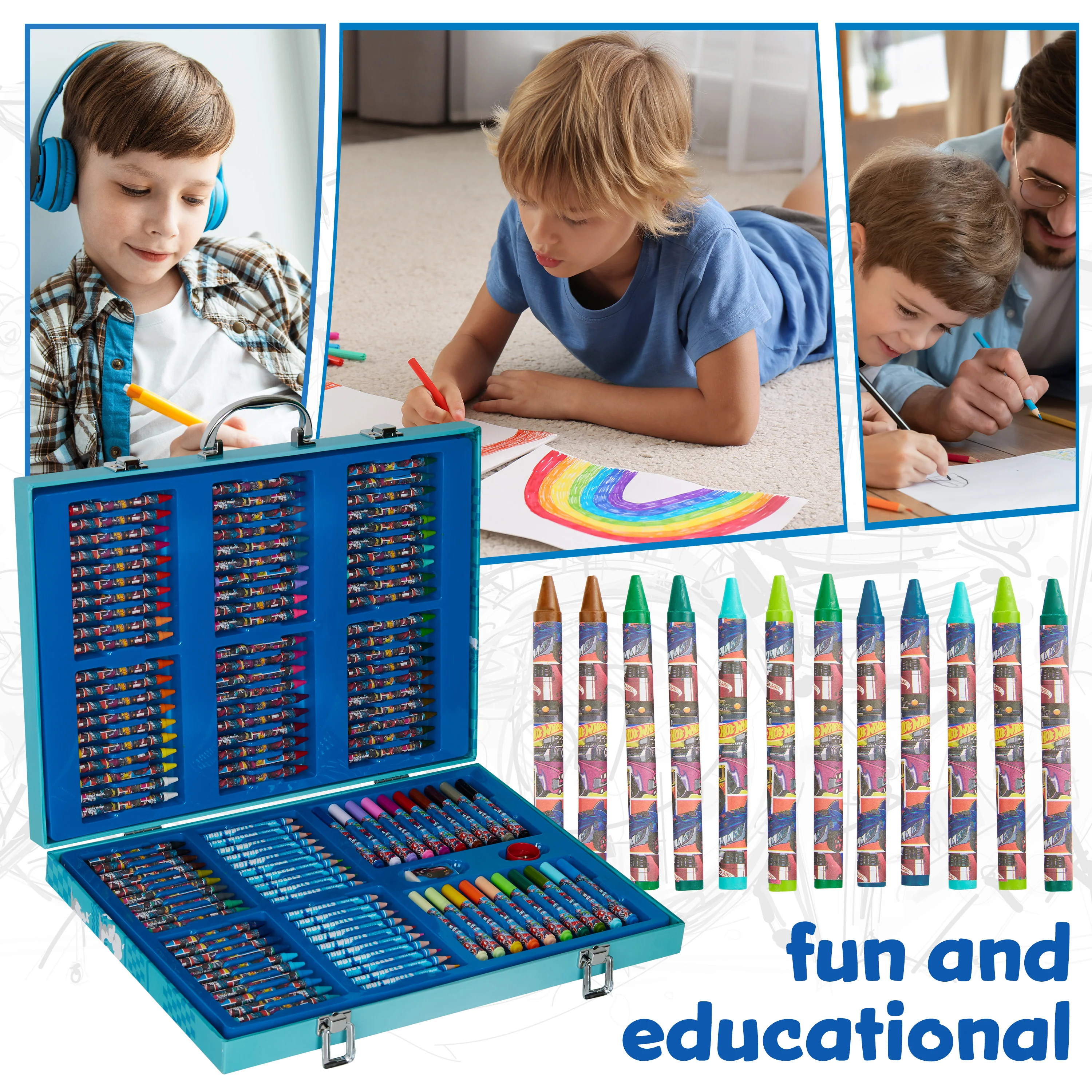 Hot Wheels Art Set for Kids Art Supplies Colouring Pens Colouring Pencils Crayons Stickers Carry Case Arts and Crafts 130+ Pcs - Image 4