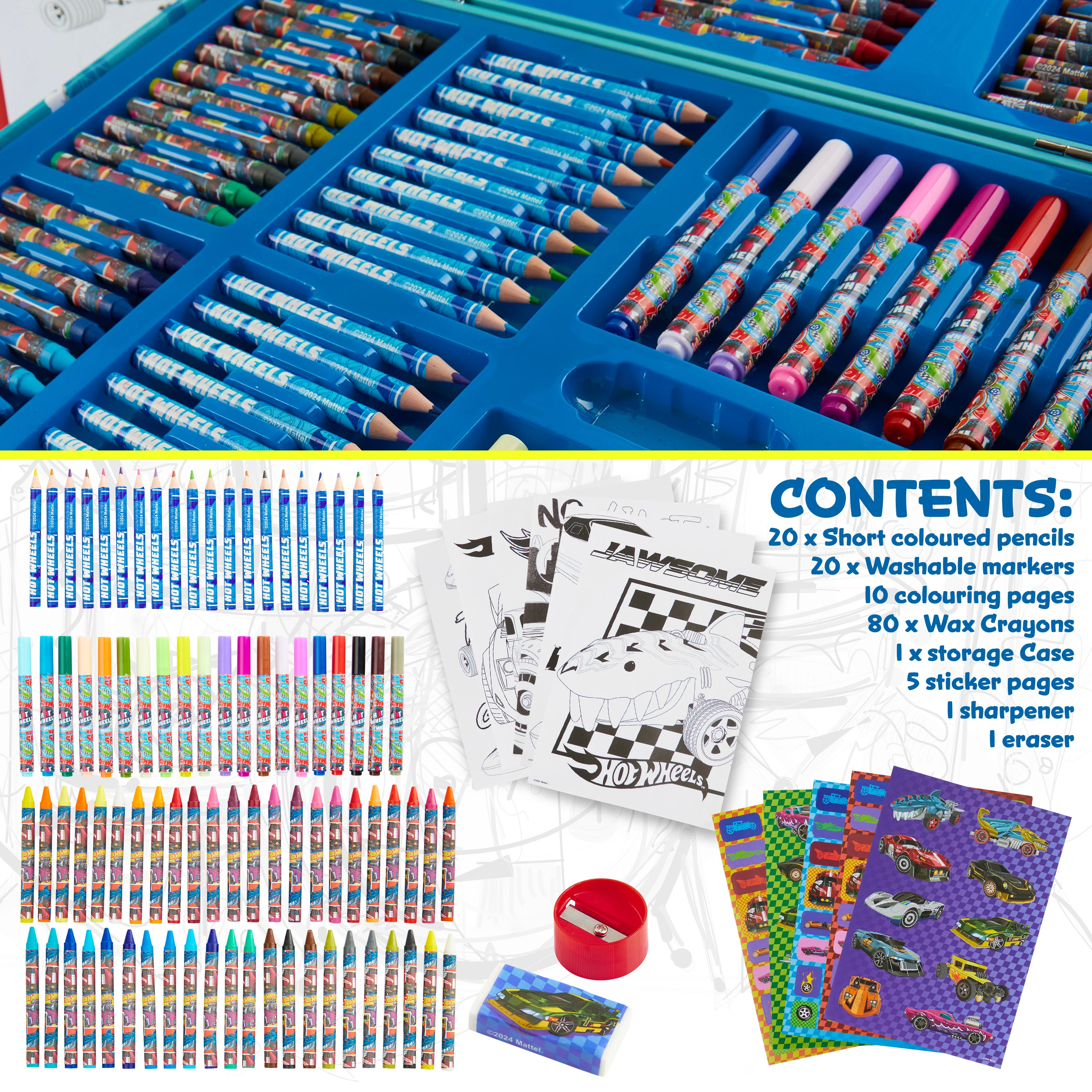 Hot Wheels Art Set for Kids Art Supplies Colouring Pens Colouring Pencils Crayons Stickers Carry Case Arts and Crafts 130+ Pcs - Image 6