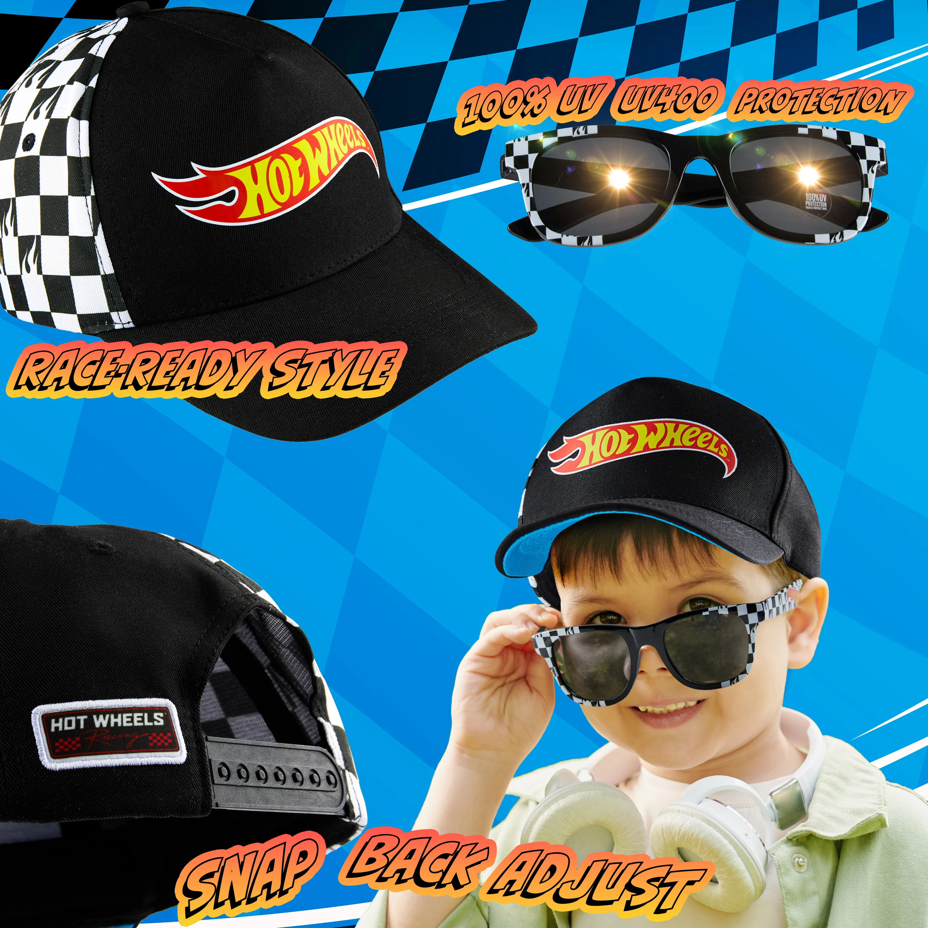 Hot Wheels Baseball Cap Sunglasses Set Boys Breathable Adjustable Summer Sun Hat UV Protection Holiday Travel Essentials Black - Image 3