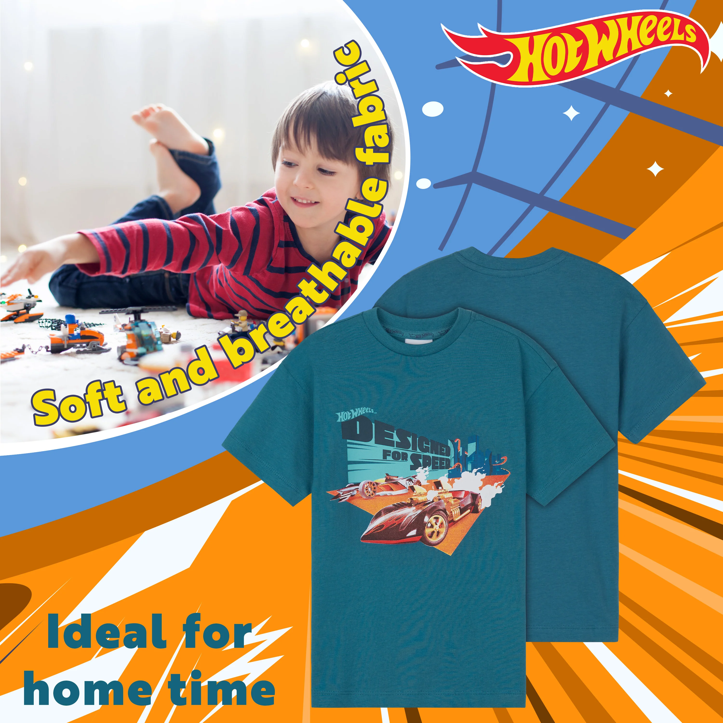 Hot Wheels Boys Short Pyjamas Set, Cotton 2 Piece Loungewear Set - Blue - Image 5