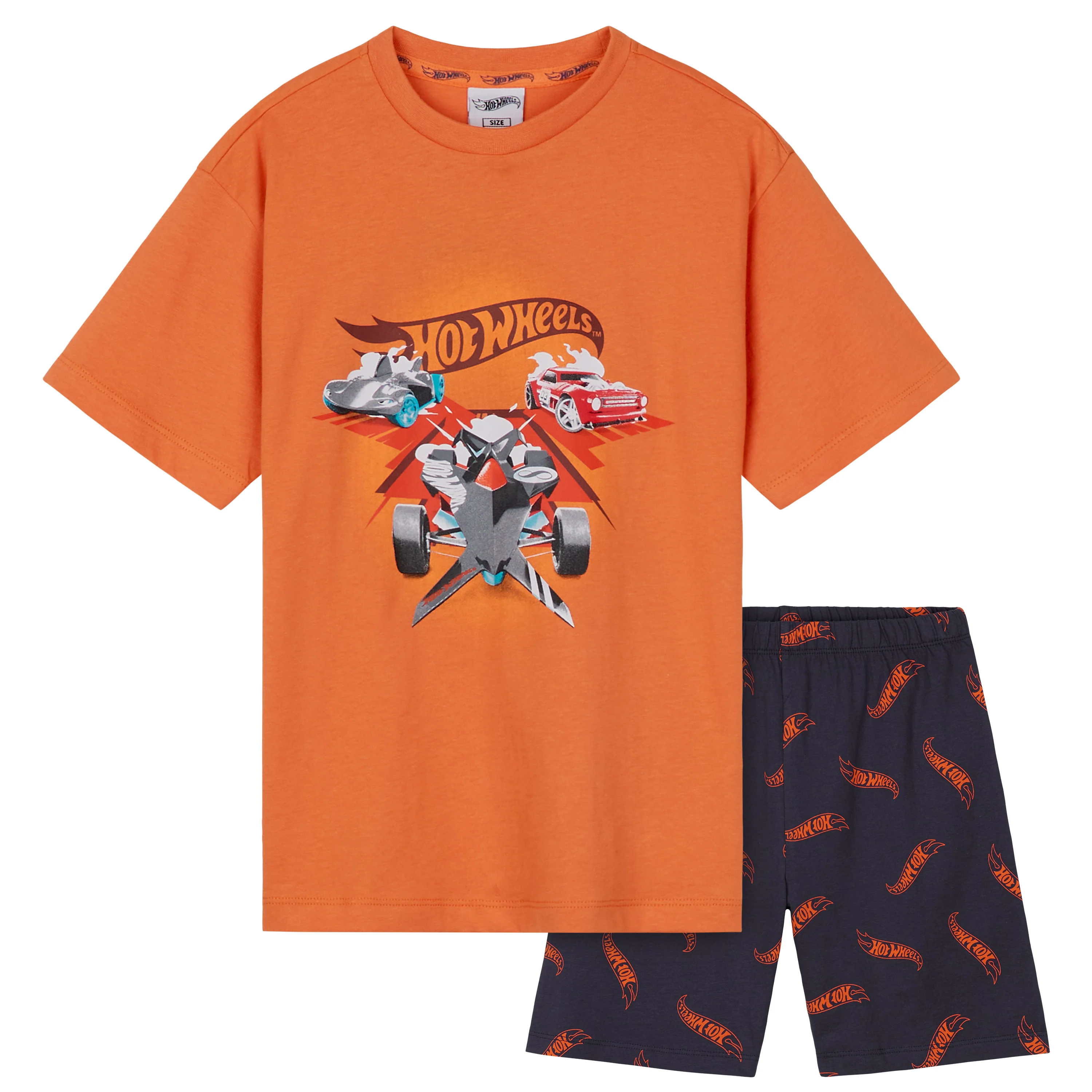 Hot Wheels Boys Short Pyjamas Set, Cotton 2 Piece Loungewear Set - Orange/Navy