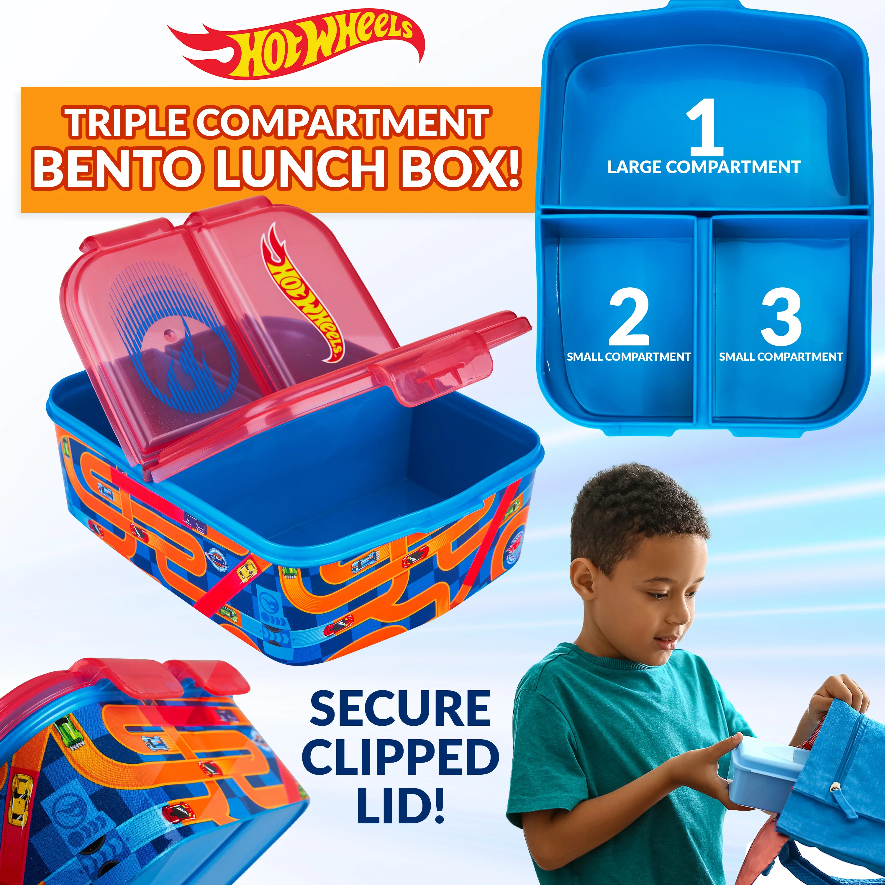Hot Wheels Kids Lunchbox with Compartments & Water Bottle for School, Day Trips - Image 3