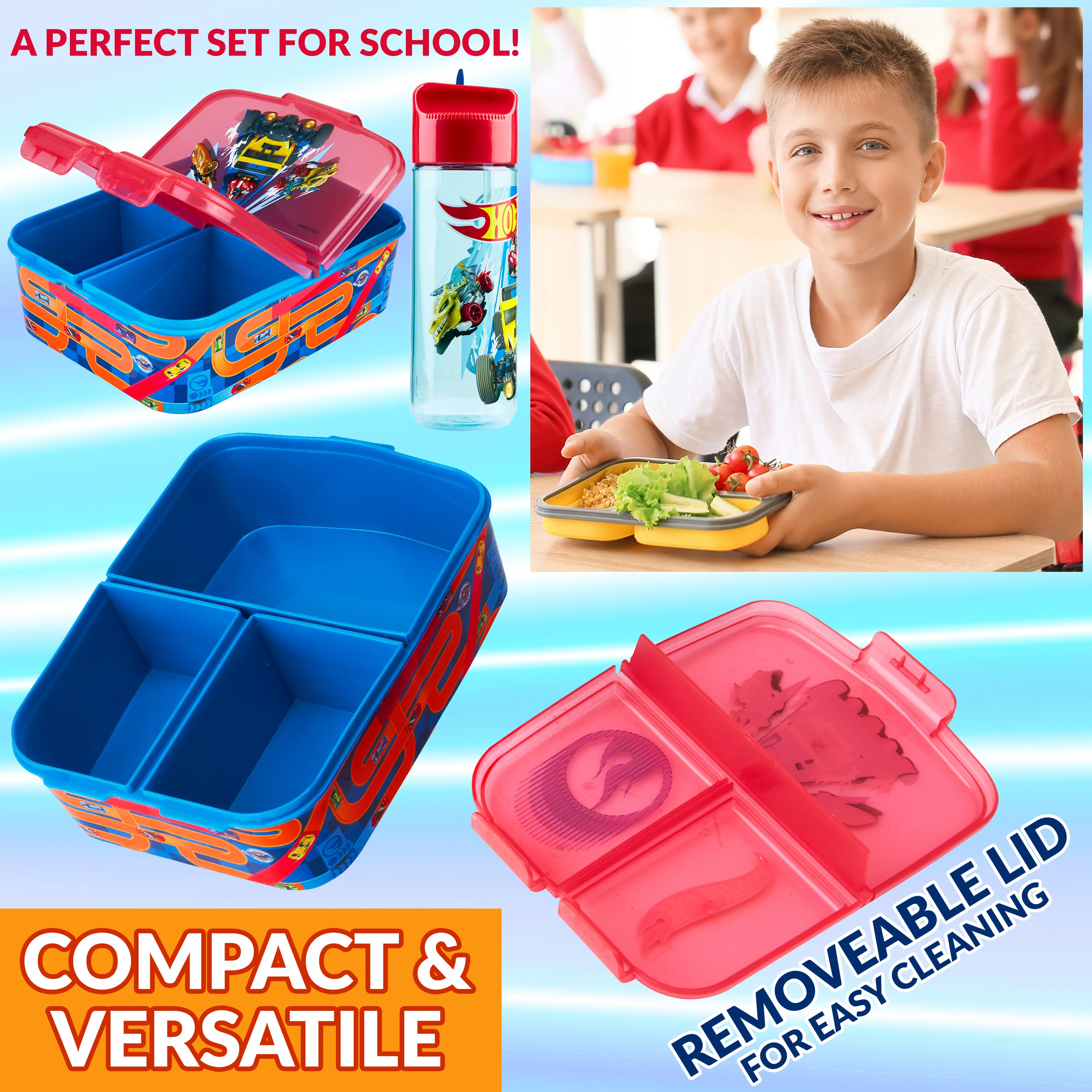 Hot Wheels Kids Lunchbox with Compartments & Water Bottle for School, Day Trips - Image 5