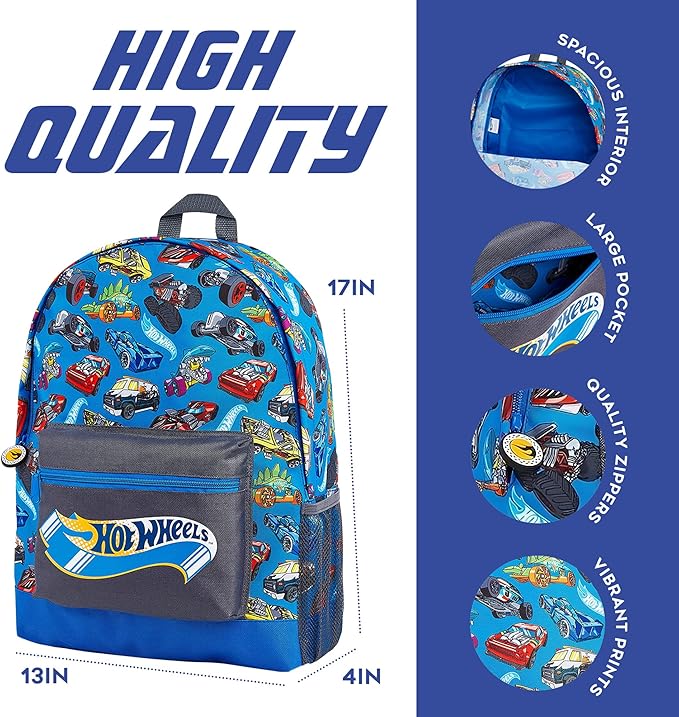Hot Wheels School Bag, Official Kids Backpack with Cars Print, Large Blue Rucksack for School Sports Travel, Back to School Supplies for Children, Gifts for Boys Girls Teenagers - Image 3