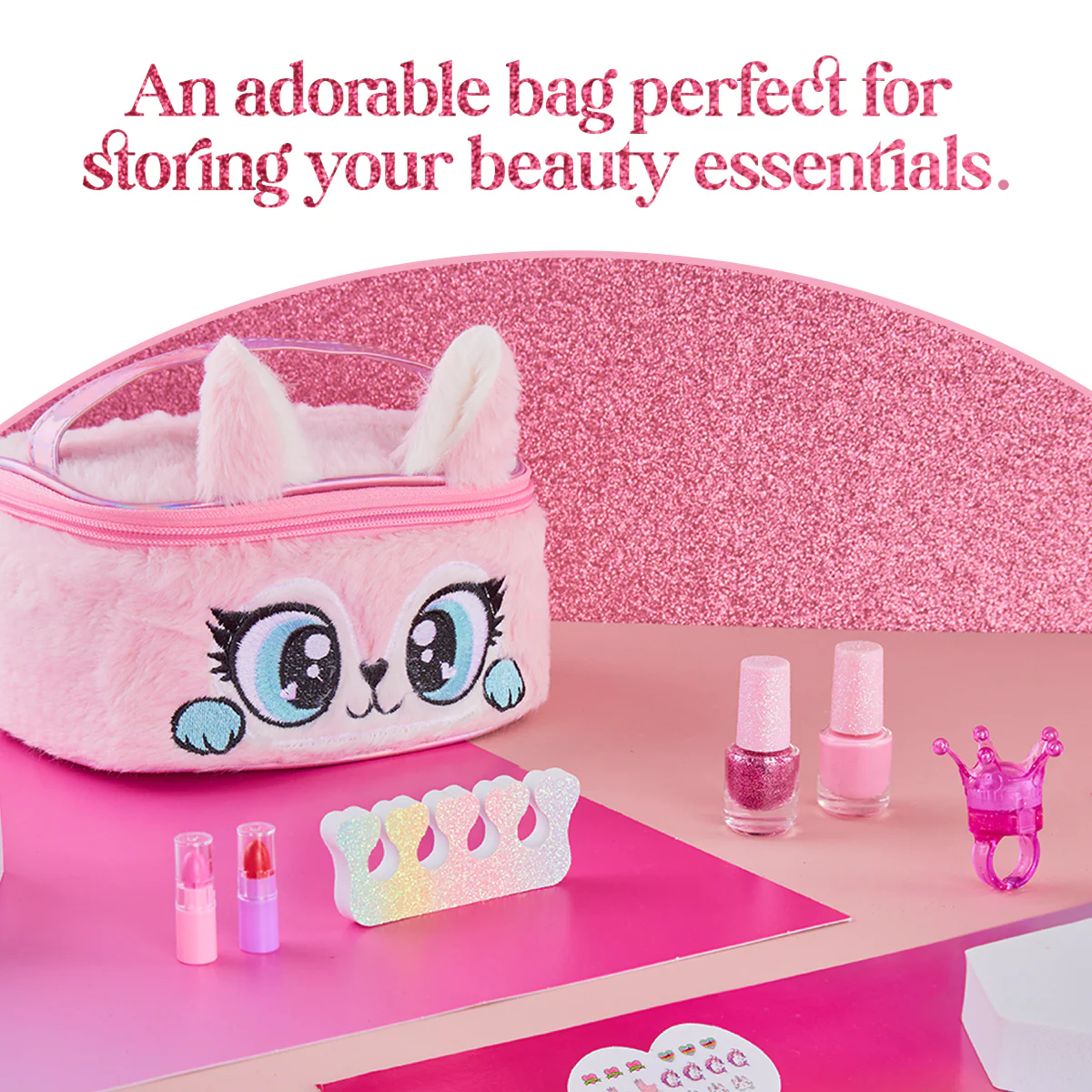 Kids Makeup Sets for Girls - Plush Beauty Case with Nail Varnish & Lipgloss - Pink - Image 3