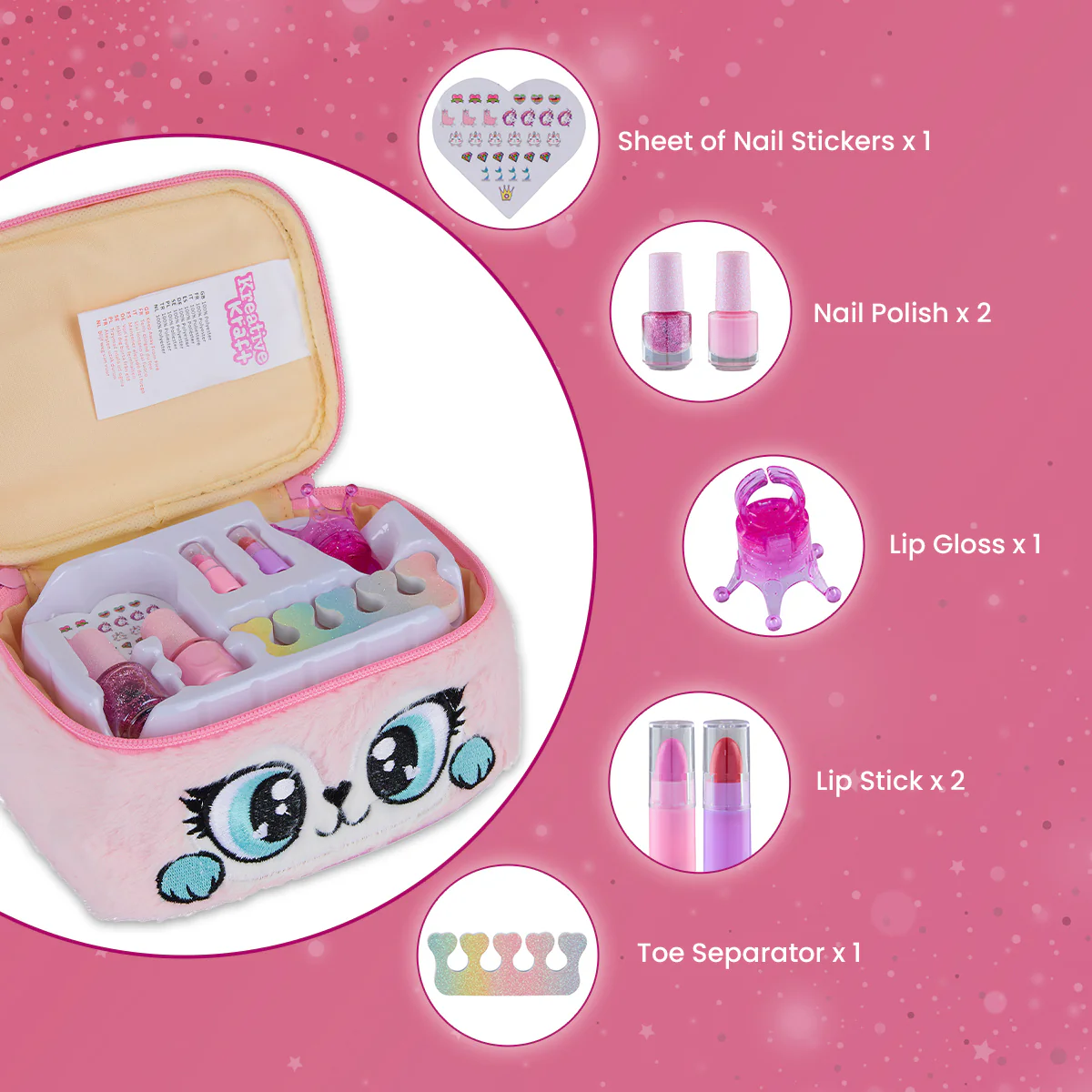 Kids Makeup Sets for Girls - Plush Beauty Case with Nail Varnish & Lipgloss - Pink - Image 4
