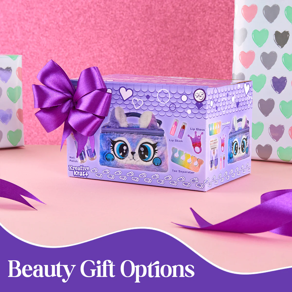 Kids Makeup Sets for Girls - Plush Beauty Case with Nail Varnish & Lipgloss - Purple - Image 2