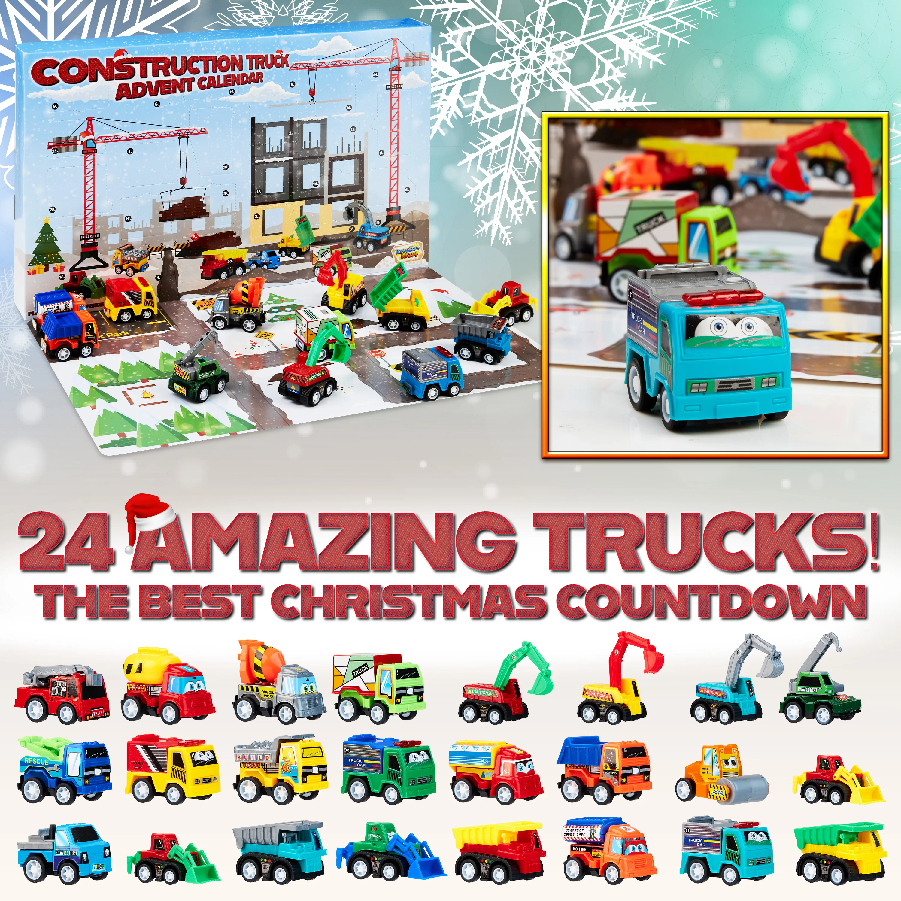 KreativeKraft Advent Calendar Kids Car Advent Calendars with 24 Diecast Mini Racing Cars or Construction Trucks - Image 4