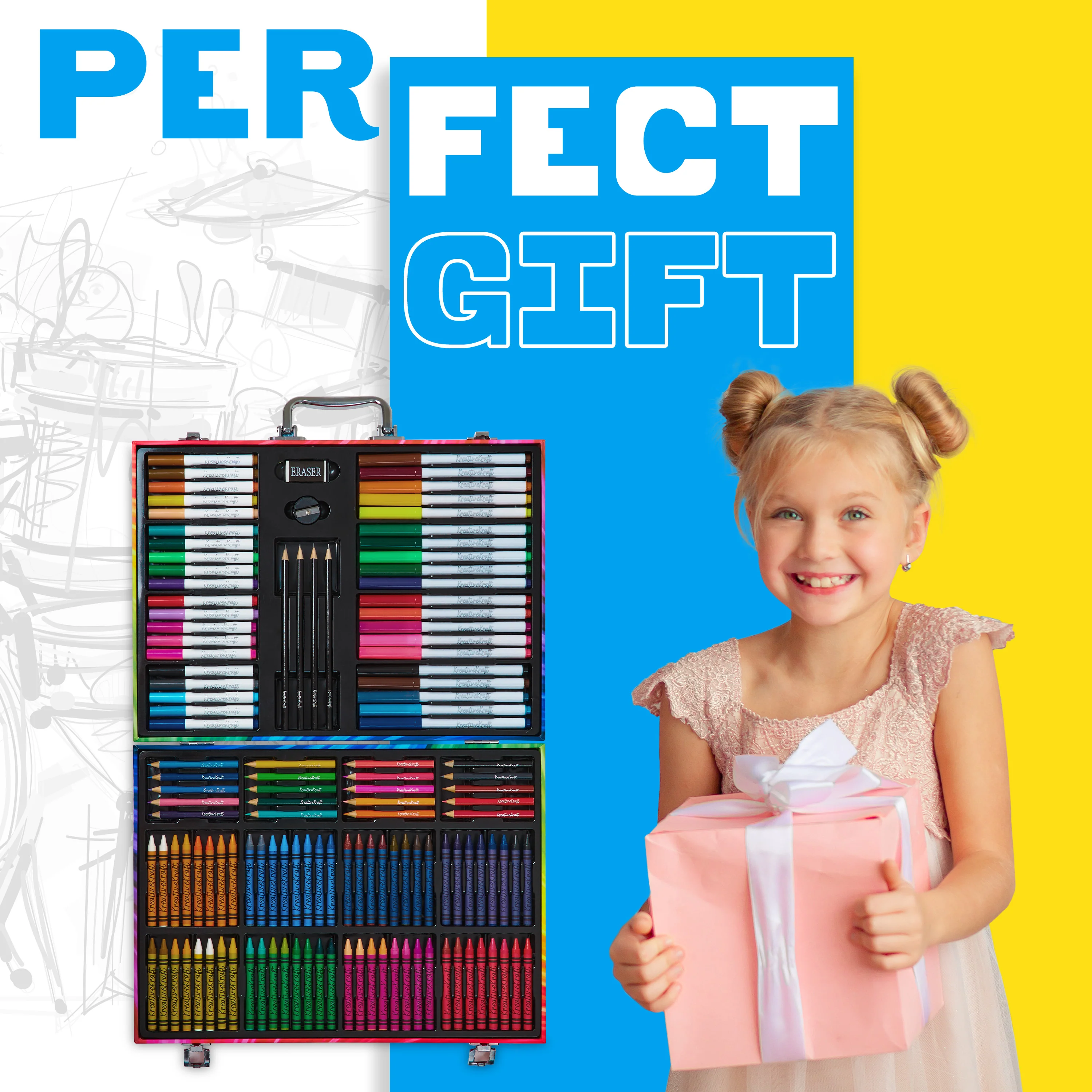 KreativeKraft Art Set with 148 Pieces - Art Case Kids Colouring Sets - Wax Crayons, Colouring Pencils, Felt Tip Pens - Art Supplies Travel Case Age 3+ - Image 3