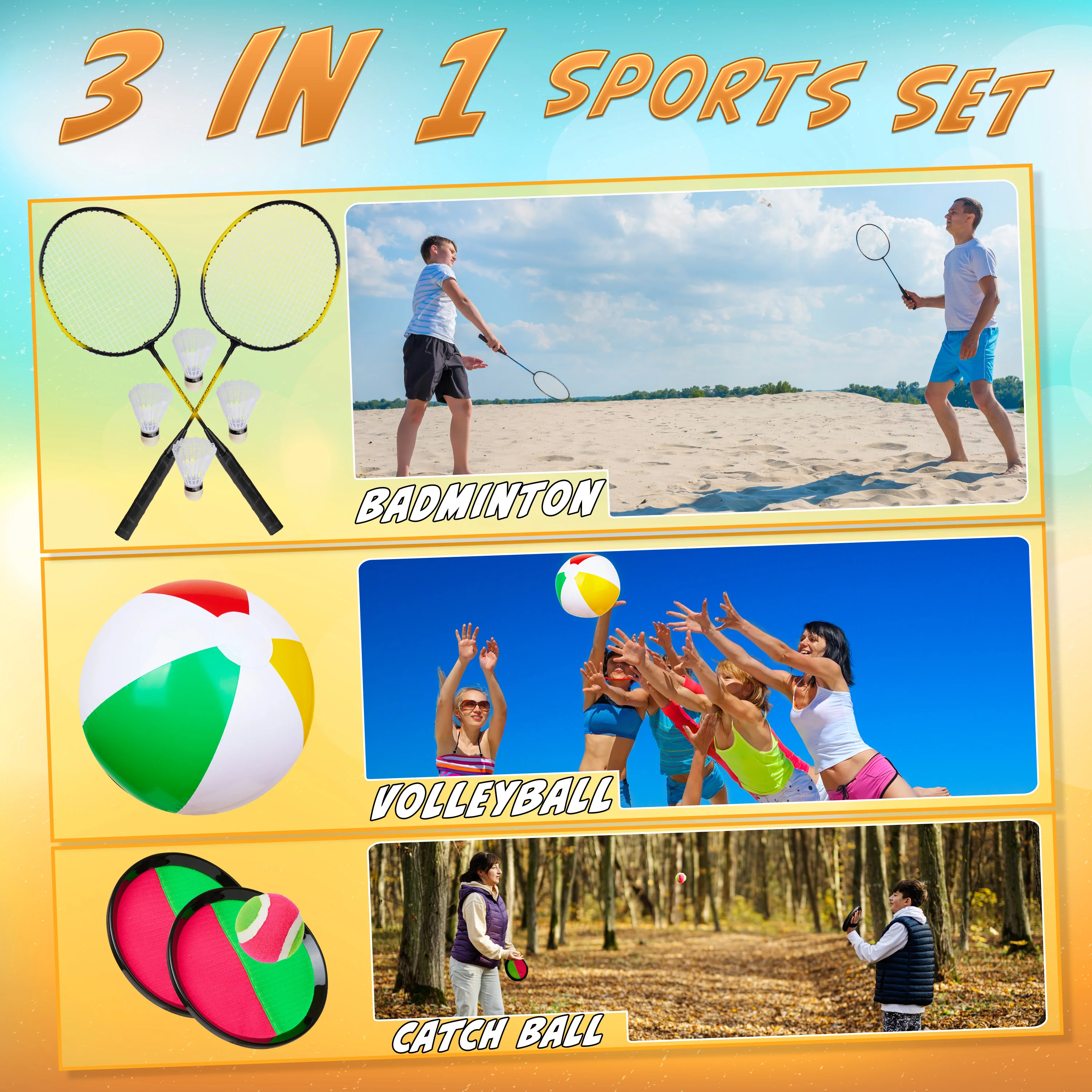 KreativeKraft Badminton Racket Set, 3 Piece Outdoor Sports Equipment - Image 3