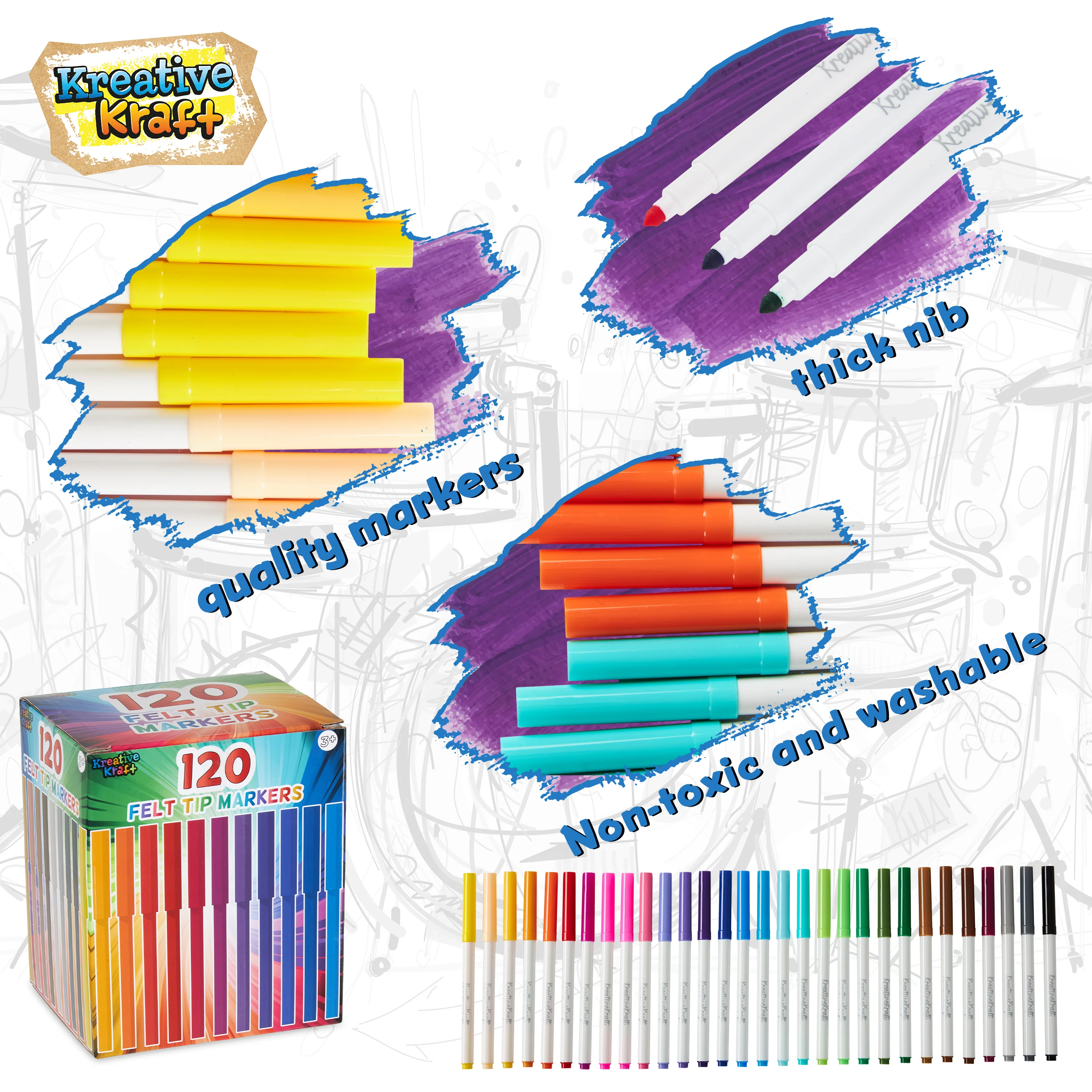 KreativeKraft Colouring Pens Set of 120 Felt Tip Pens - Colouring Pens for Kids, Teens and Adults - 30 Colours - Image 2