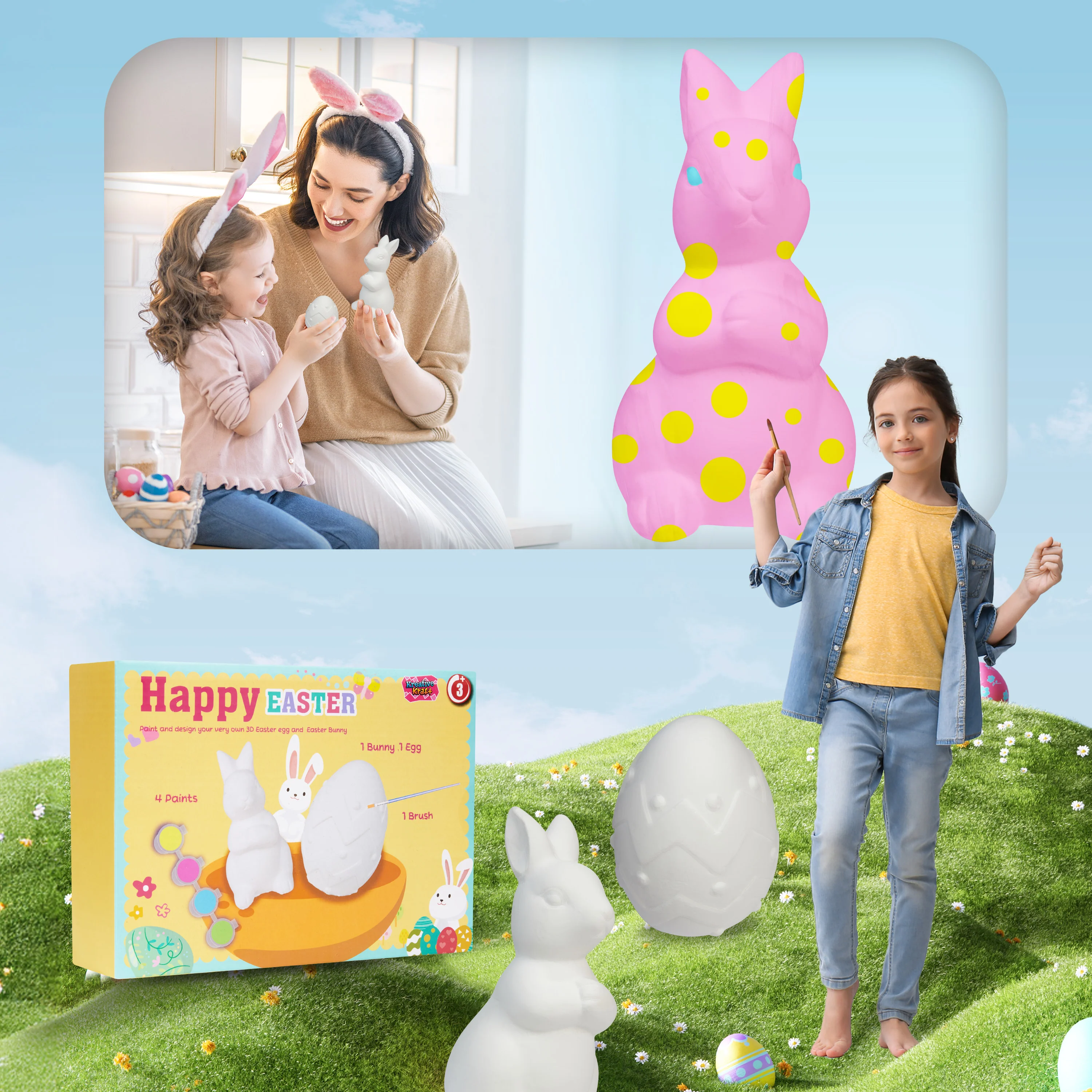 KreativeKraft DIY Easter Eggs Kids Paint Art Supplies Paint Your Own Easter Egg Bunny Craft Kits for Kids Adults Party Family Activity Decorations (Bunny & Egg 2 Pack) - Image 5