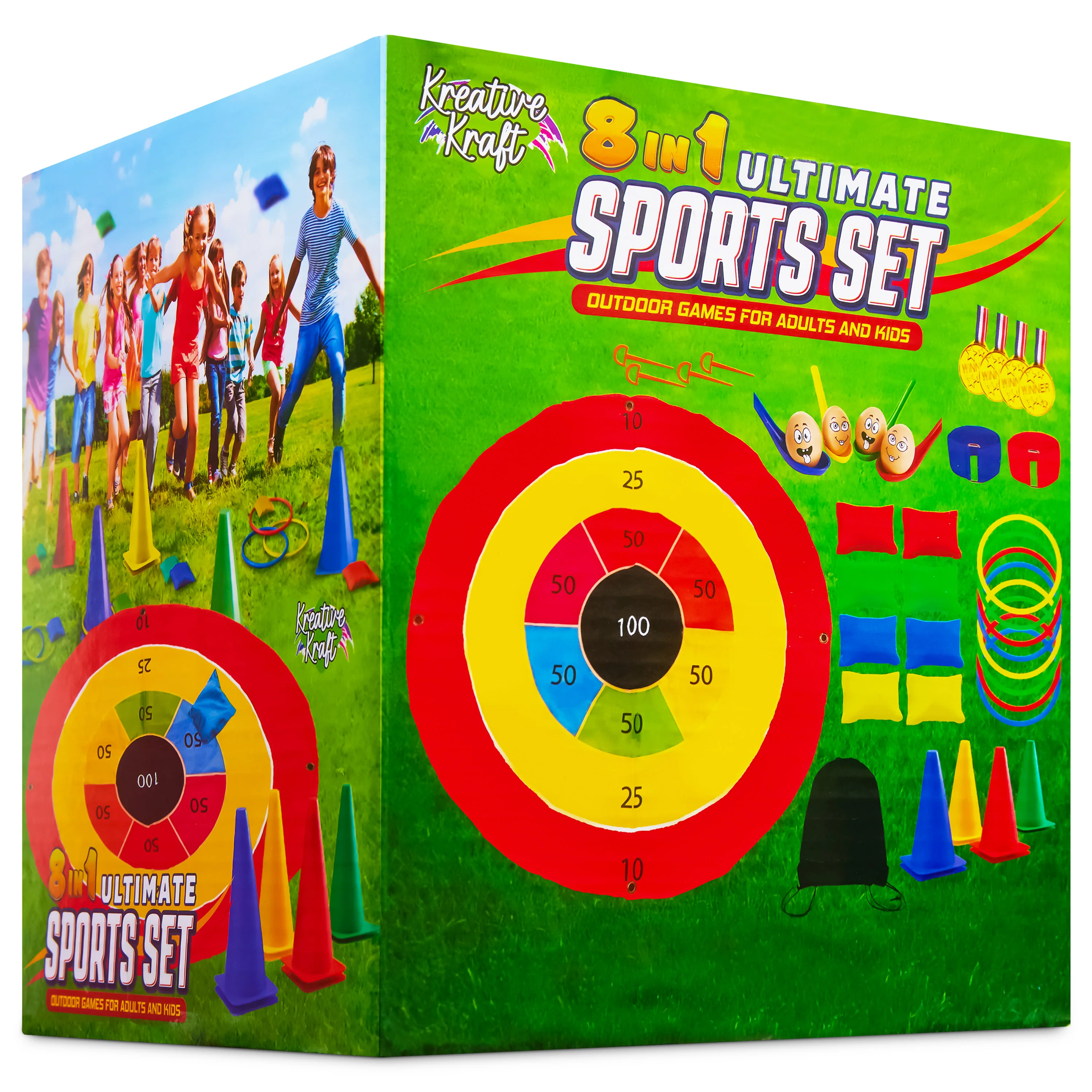 KreativeKraft Kids Games Outdoor Play Equipment for Kids Adults Family Garden Toys Sports Day Kit Egg and Spoon Race Ring Toss Sack Race Bean Bag Snakes and Ladders (8 in 1 Set)