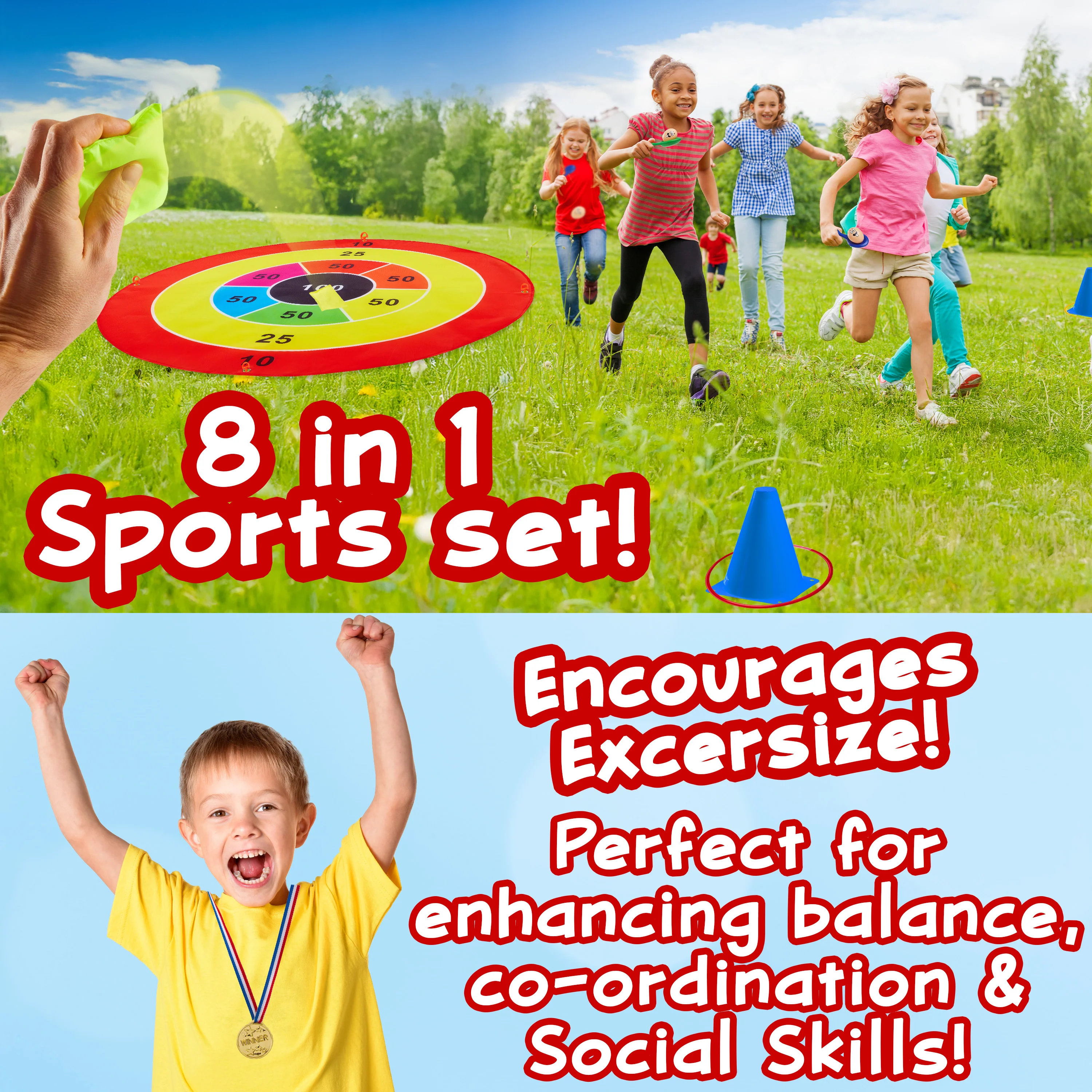 KreativeKraft Kids Games Outdoor Play Equipment for Kids Adults Family Garden Toys Sports Day Kit Egg and Spoon Race Ring Toss Sack Race Bean Bag Snakes and Ladders (8 in 1 Set) - Image 2