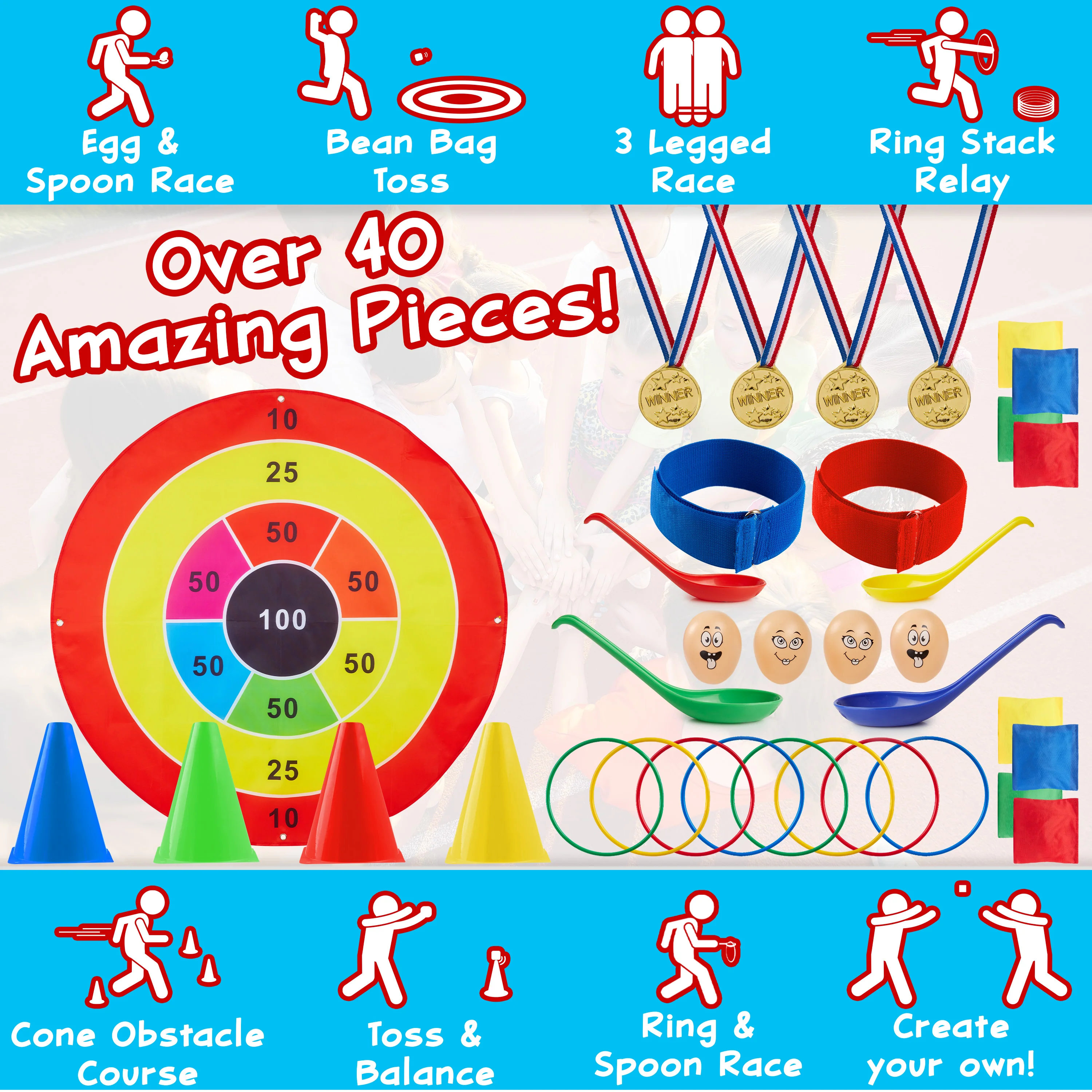 KreativeKraft Kids Games Outdoor Play Equipment for Kids Adults Family Garden Toys Sports Day Kit Egg and Spoon Race Ring Toss Sack Race Bean Bag Snakes and Ladders (8 in 1 Set) - Image 3