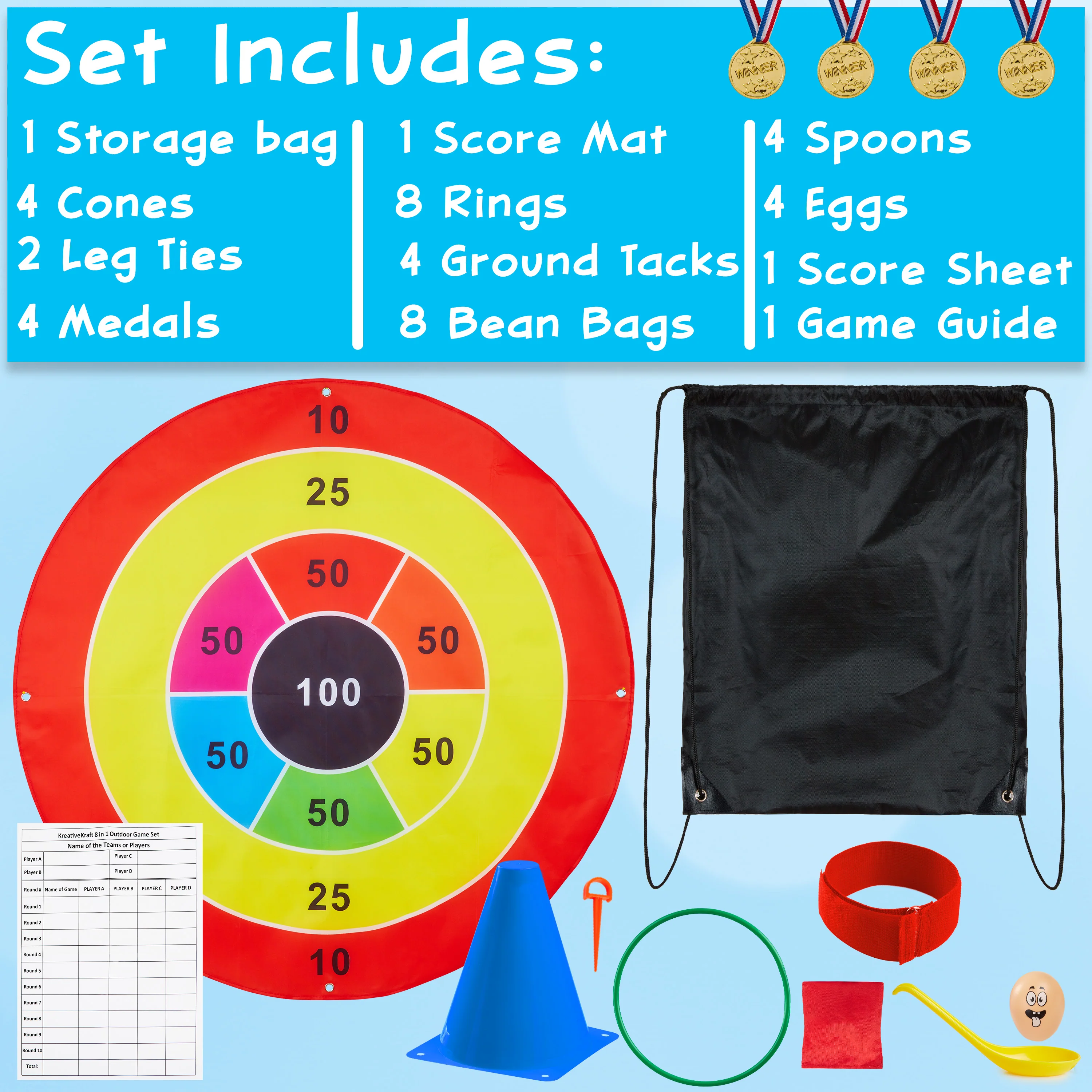 KreativeKraft Kids Games Outdoor Play Equipment for Kids Adults Family Garden Toys Sports Day Kit Egg and Spoon Race Ring Toss Sack Race Bean Bag Snakes and Ladders (8 in 1 Set) - Image 4