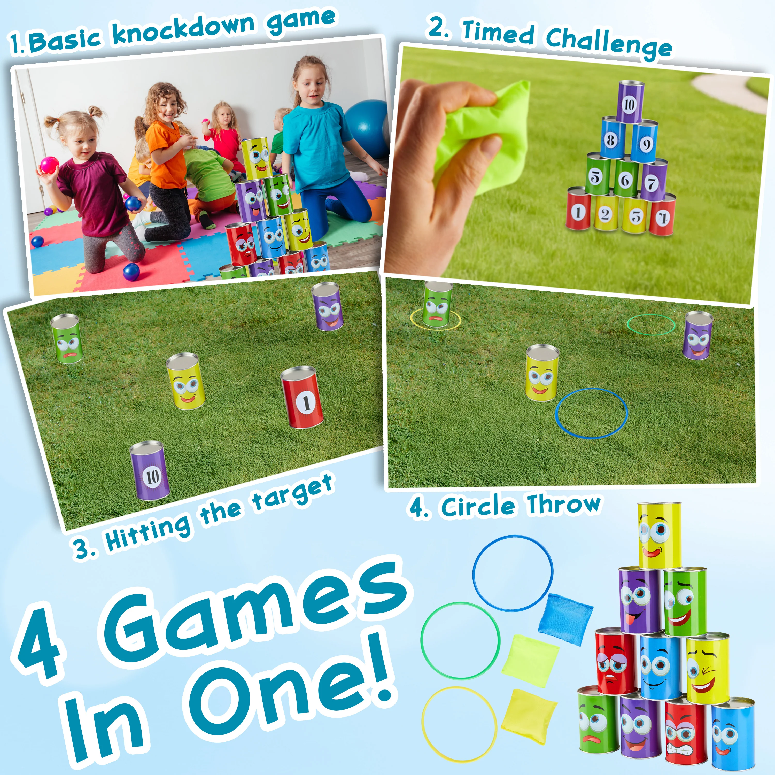 KreativeKraft Kids Games Outdoor Play Equipment for Kids Adults Family Garden Toys Sports Day Kit Egg and Spoon Race Ring Toss Sack Race Bean Bag Snakes and Ladders (Tin Can Alley) - Image 4
