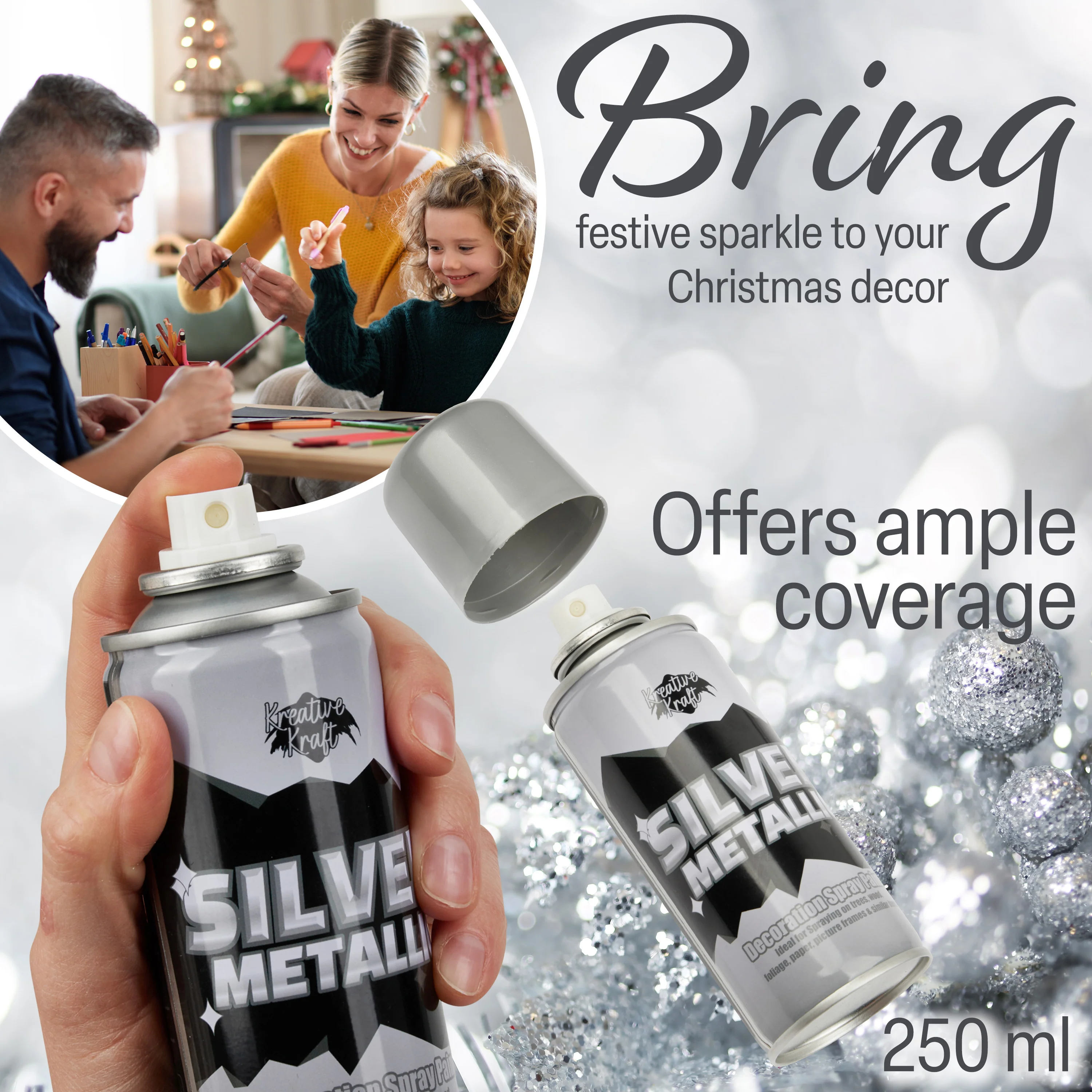 KreativeKraft Metallic Silver Spray Paint Christmas Crafts Festive Xmas Decor 250ml - Image 5