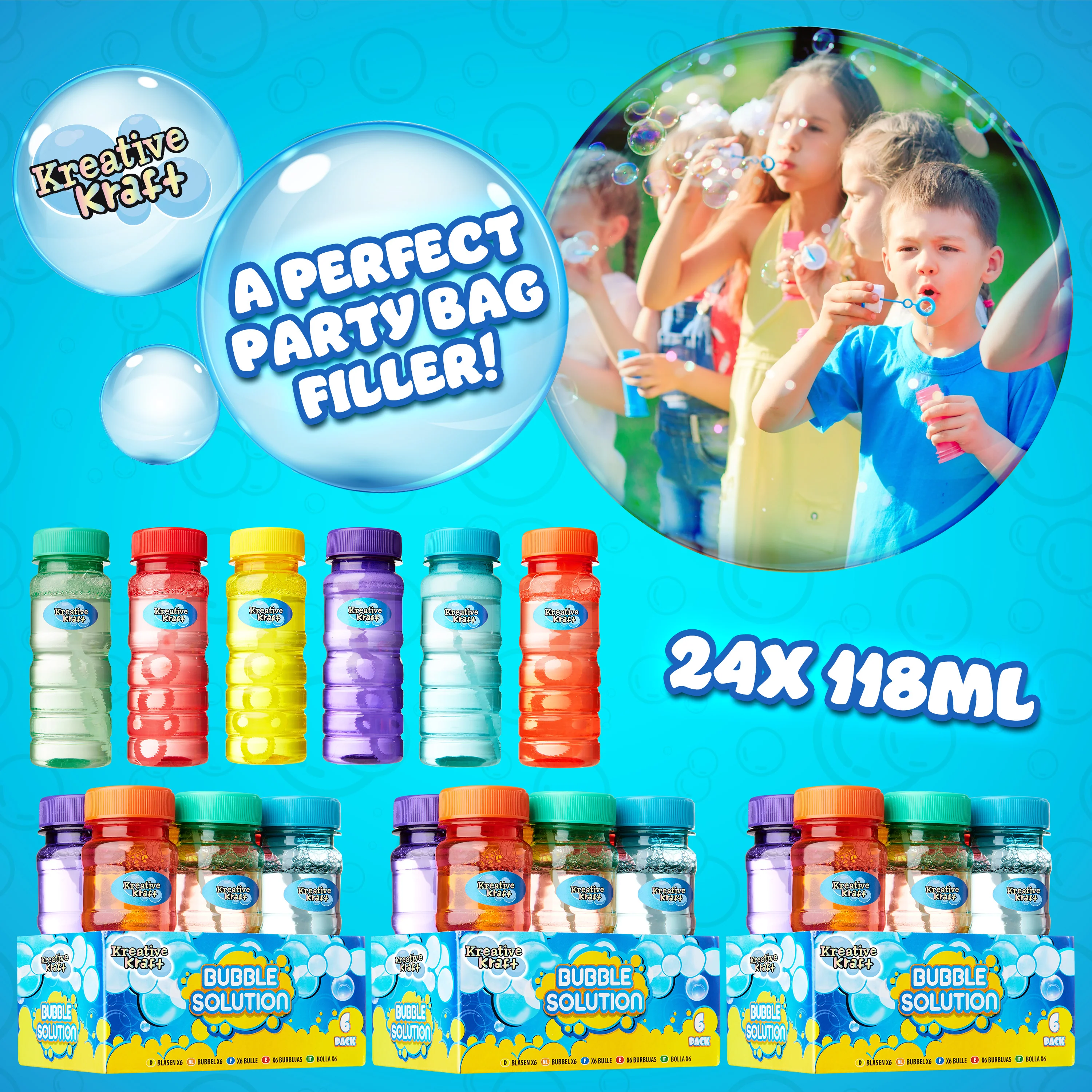 KreativeKraft Mini Bottles Bubble Solution with Bubble Wand - 4 Pack - Image 3
