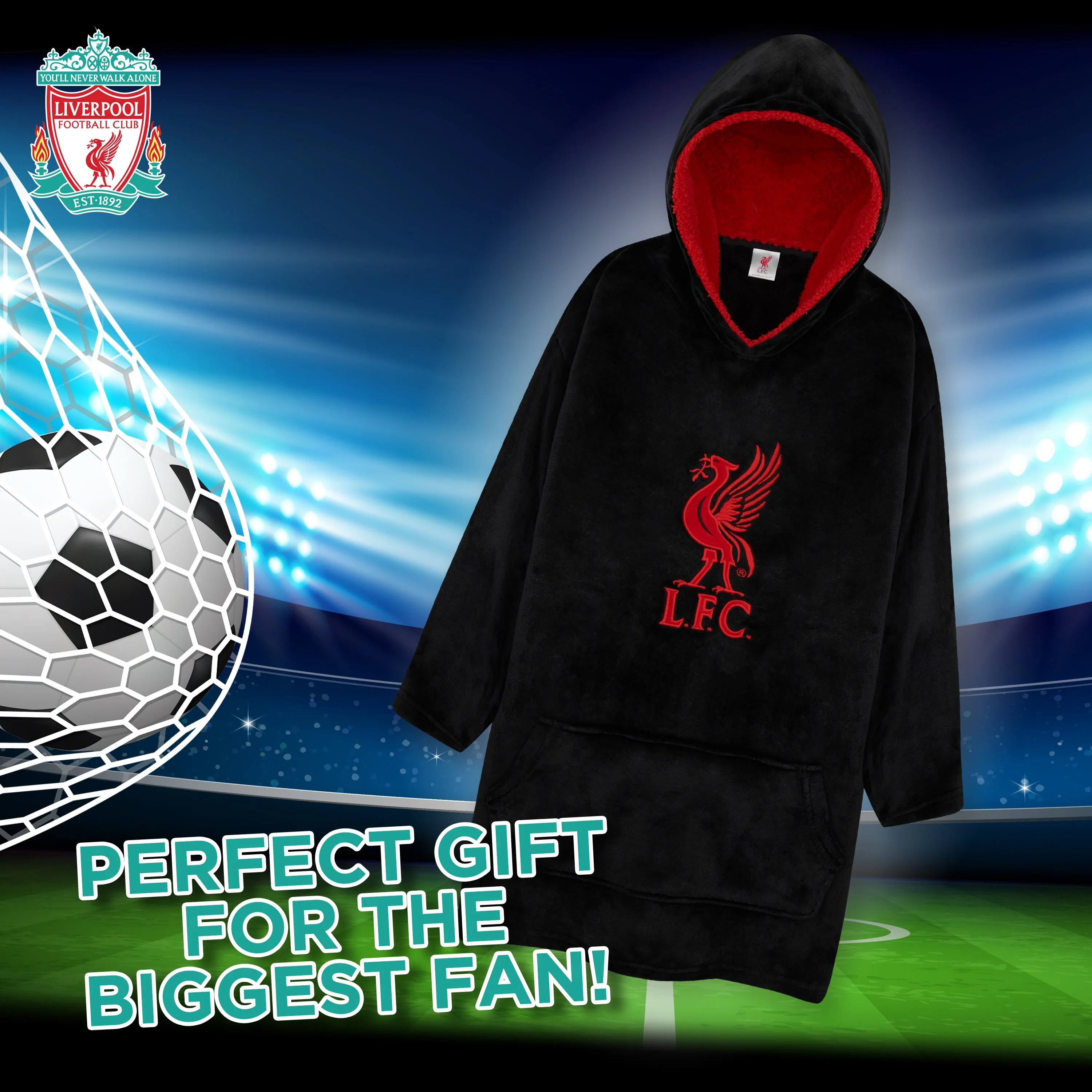 Liverpool F.C. Boys Hoodies, BLACK Oversized Hoodie Blanket, Kids Football Gifts - Image 3