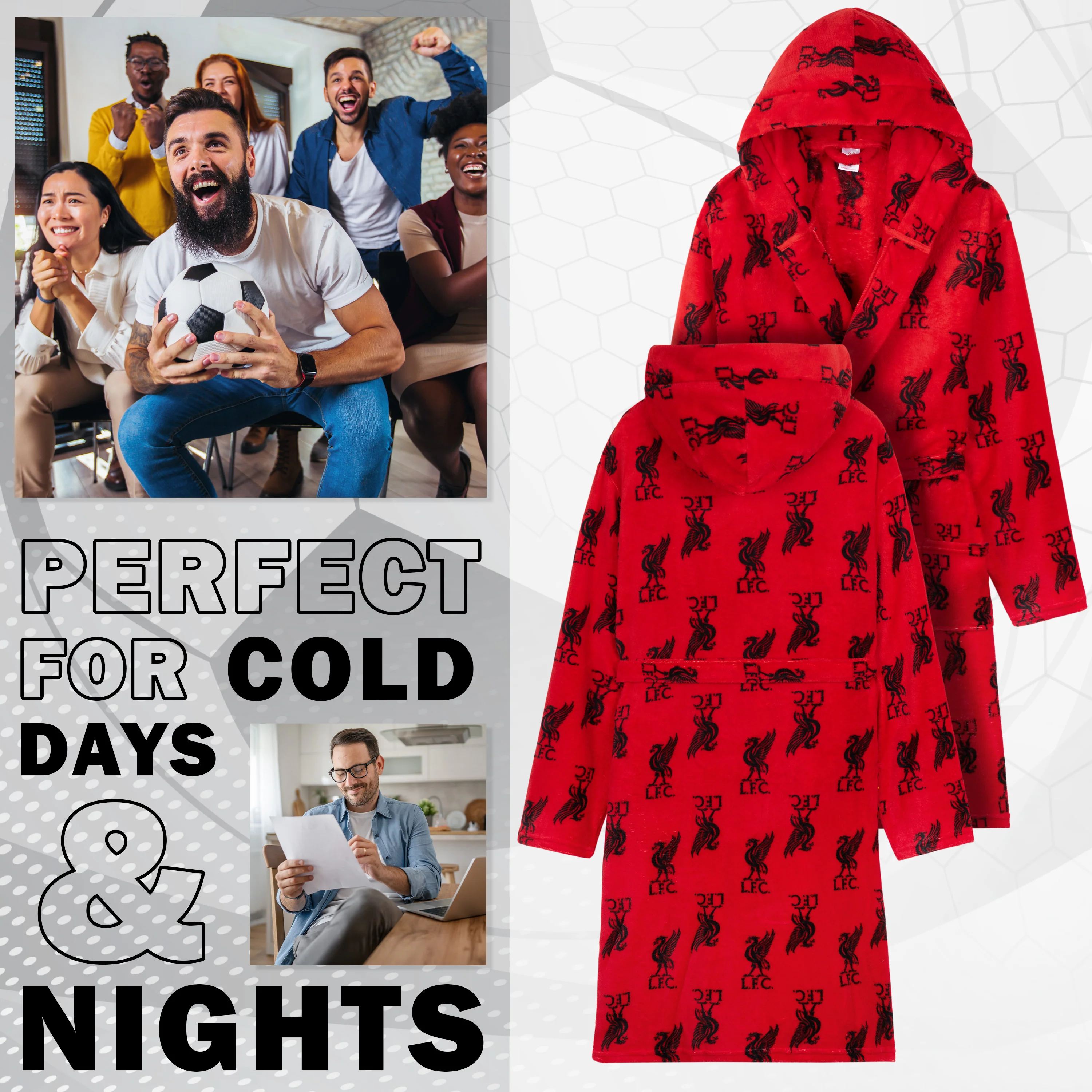 Liverpool F.C. Fleece Dressing Gown with Hood, Pockets, Tie Waist, Cosy Robe - Image 4