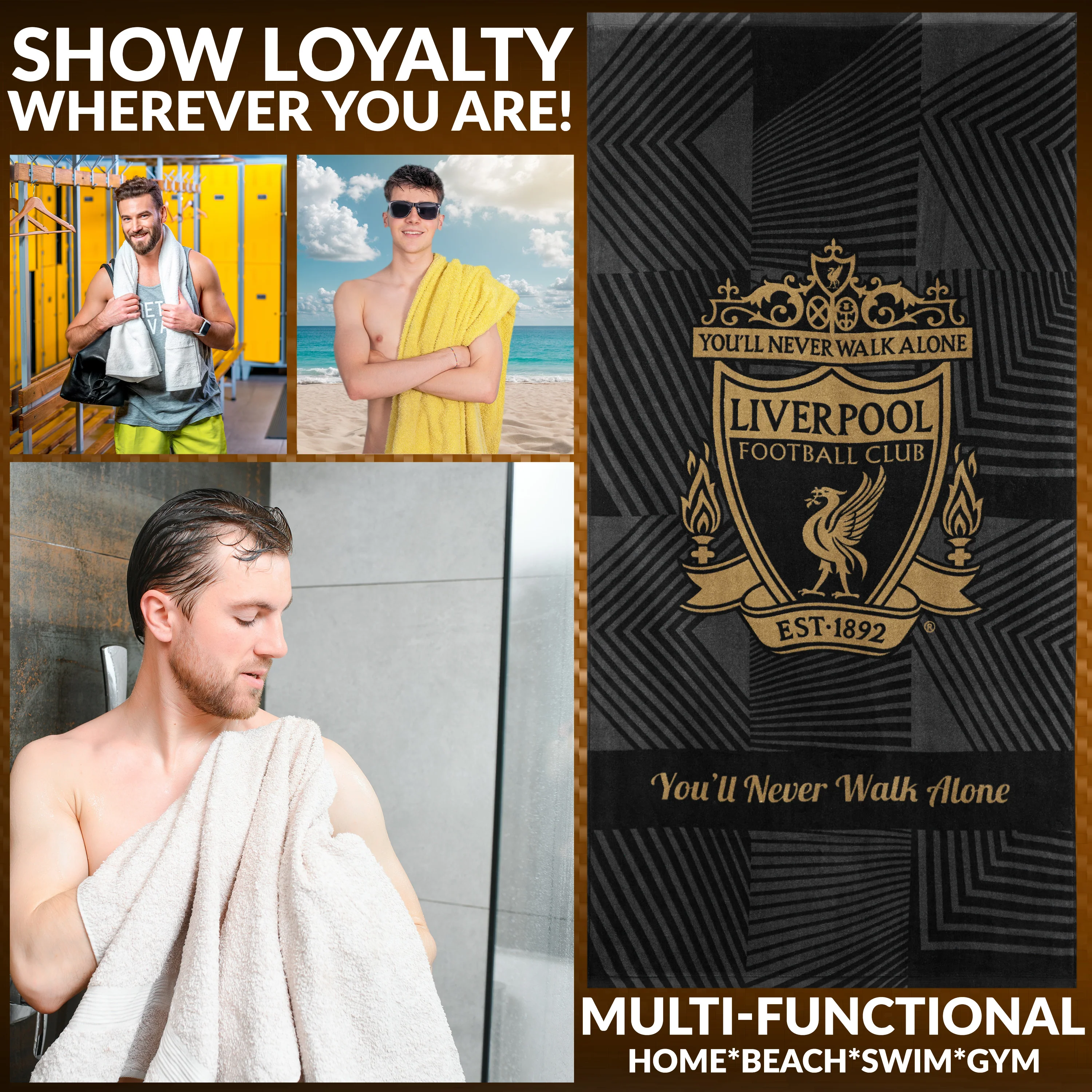Liverpool F.C. Towel for Men Women Teens Boys 100% Cotton Football Crest Quick Dry Beach Bath Towel for Swim Gym Holiday Shower Bath Supporters' Gear 137x69cm (Black) - Image 3