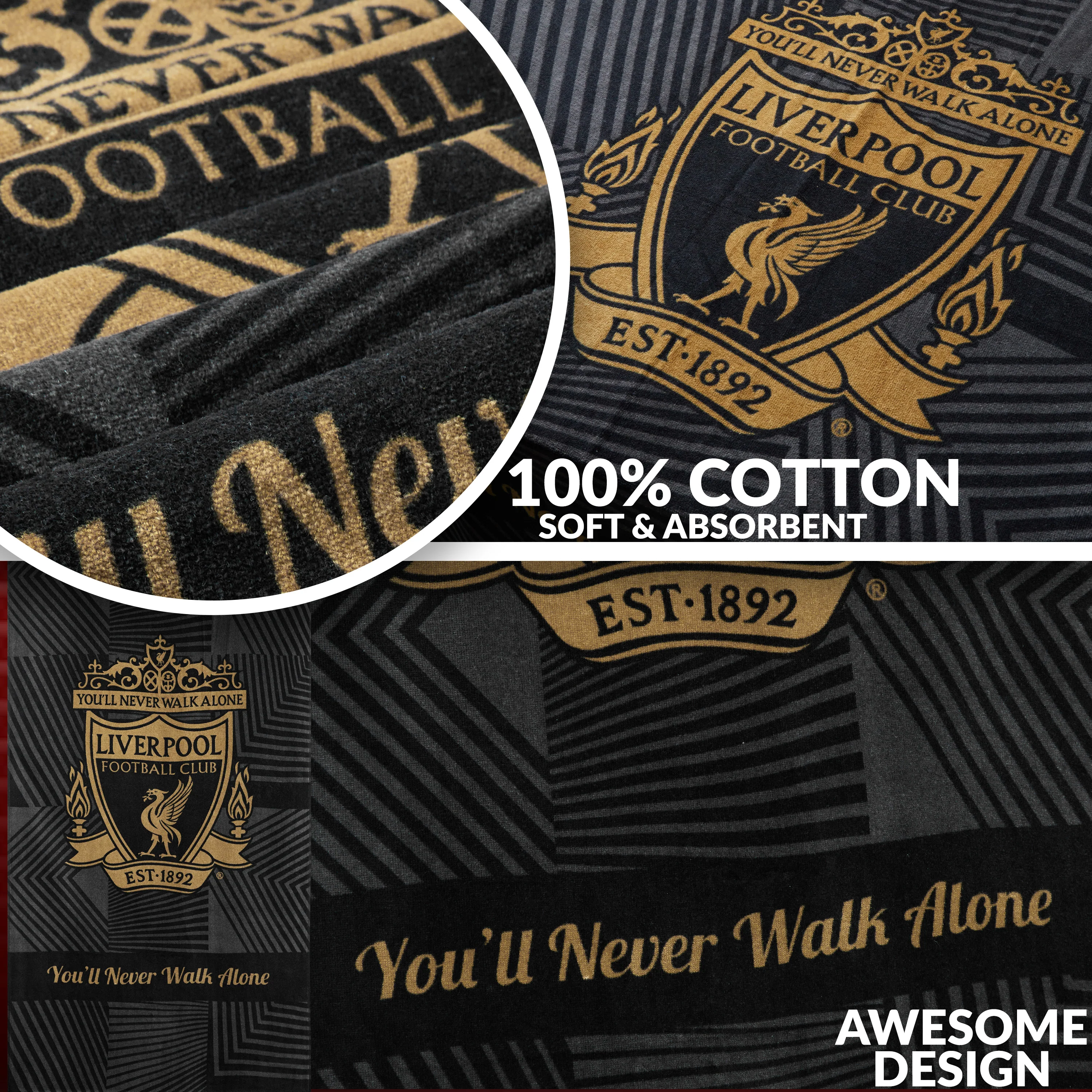 Liverpool F.C. Towel for Men Women Teens Boys 100% Cotton Football Crest Quick Dry Beach Bath Towel for Swim Gym Holiday Shower Bath Supporters' Gear 137x69cm (Black) - Image 4