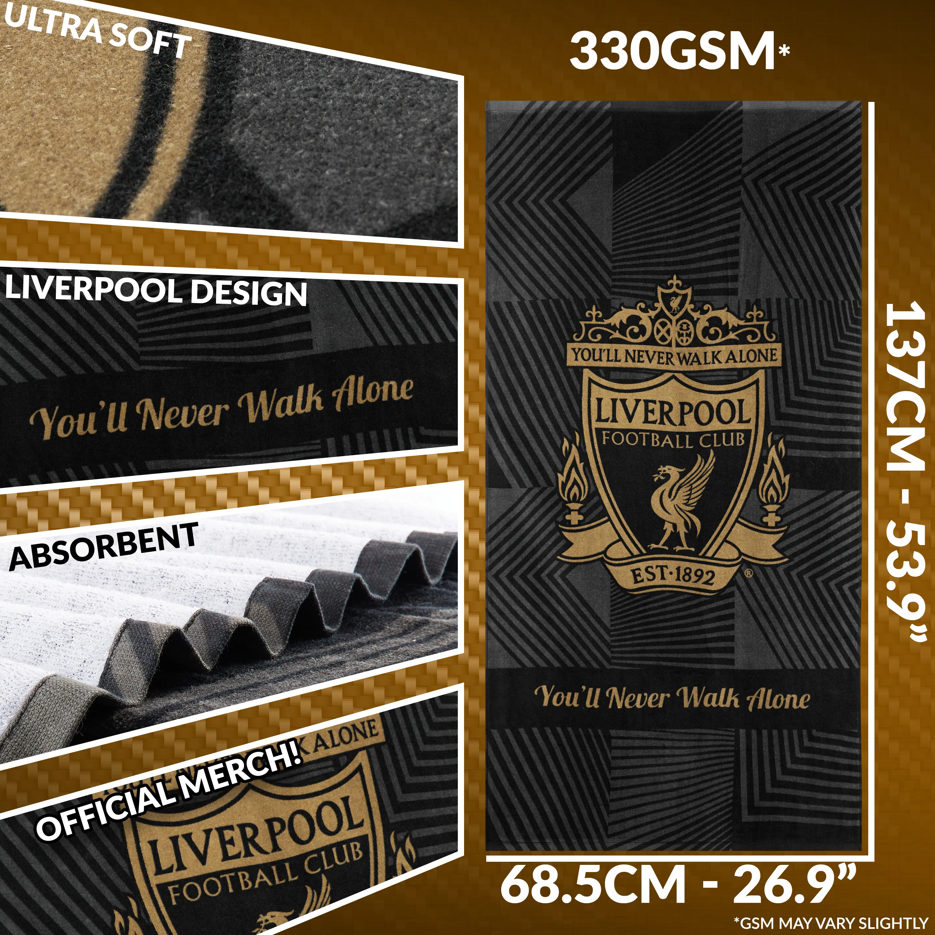 Liverpool F.C. Towel for Men Women Teens Boys 100% Cotton Football Crest Quick Dry Beach Bath Towel for Swim Gym Holiday Shower Bath Supporters' Gear 137x69cm (Black) - Image 6