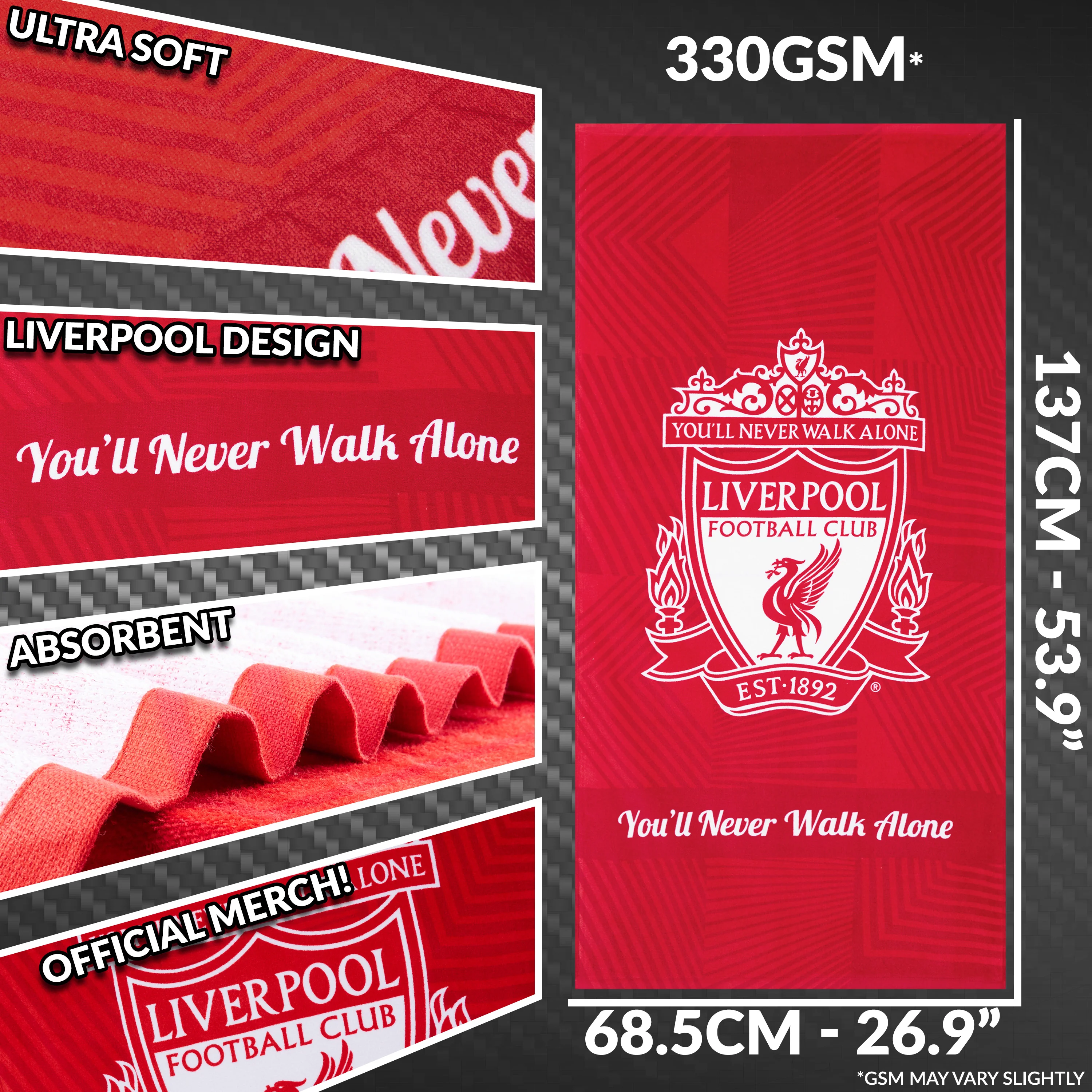 Liverpool F.C. Towel for Men Women Teens Boys 100% Cotton Football Crest Quick Dry Beach Bath Towel for Swim Gym Holiday Shower Bath Supporters' Gear 137x69cm (Red) - Image 6
