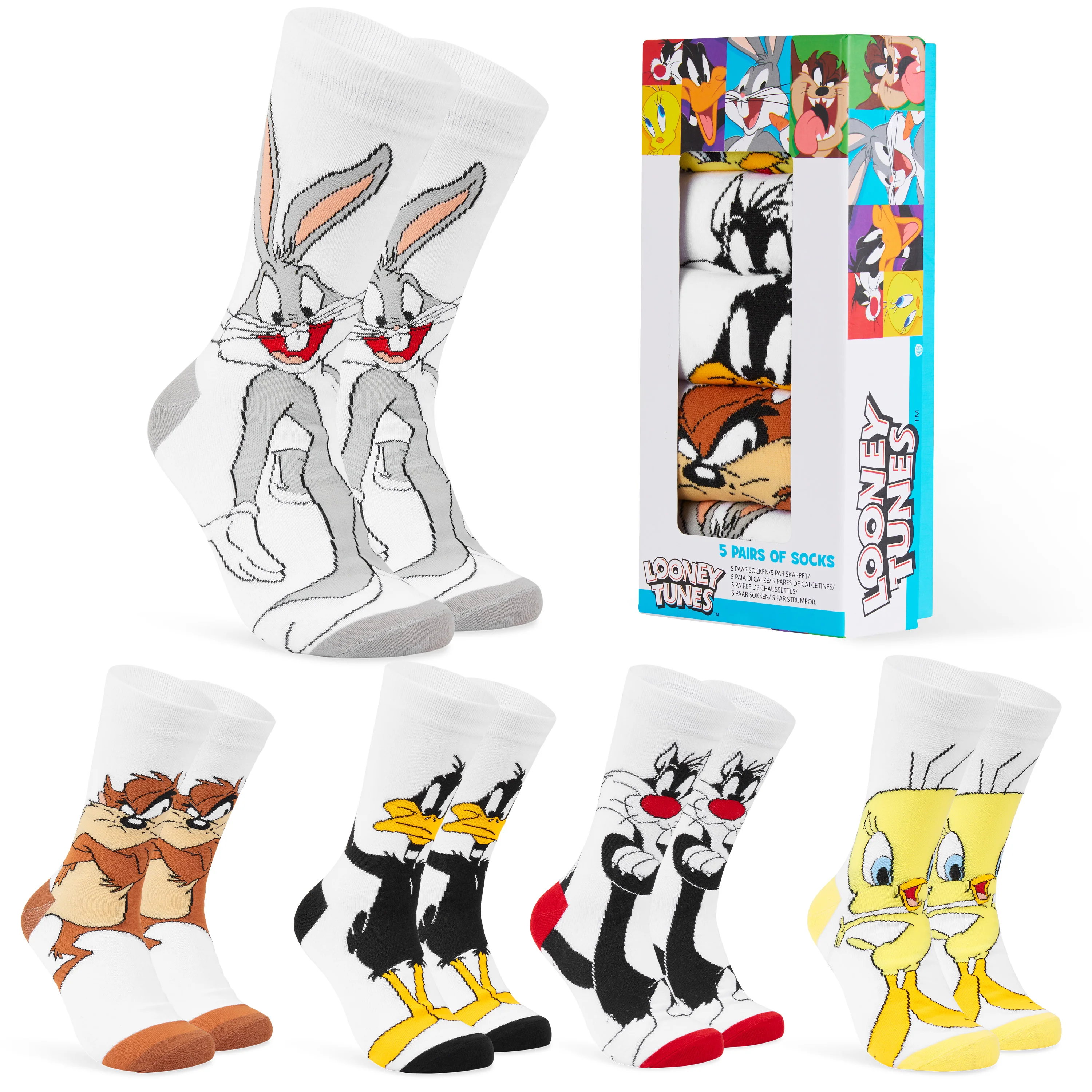 LOONEY TUNES Mens Socks - Pack of 5 Crew Socks for Men -White/Multi